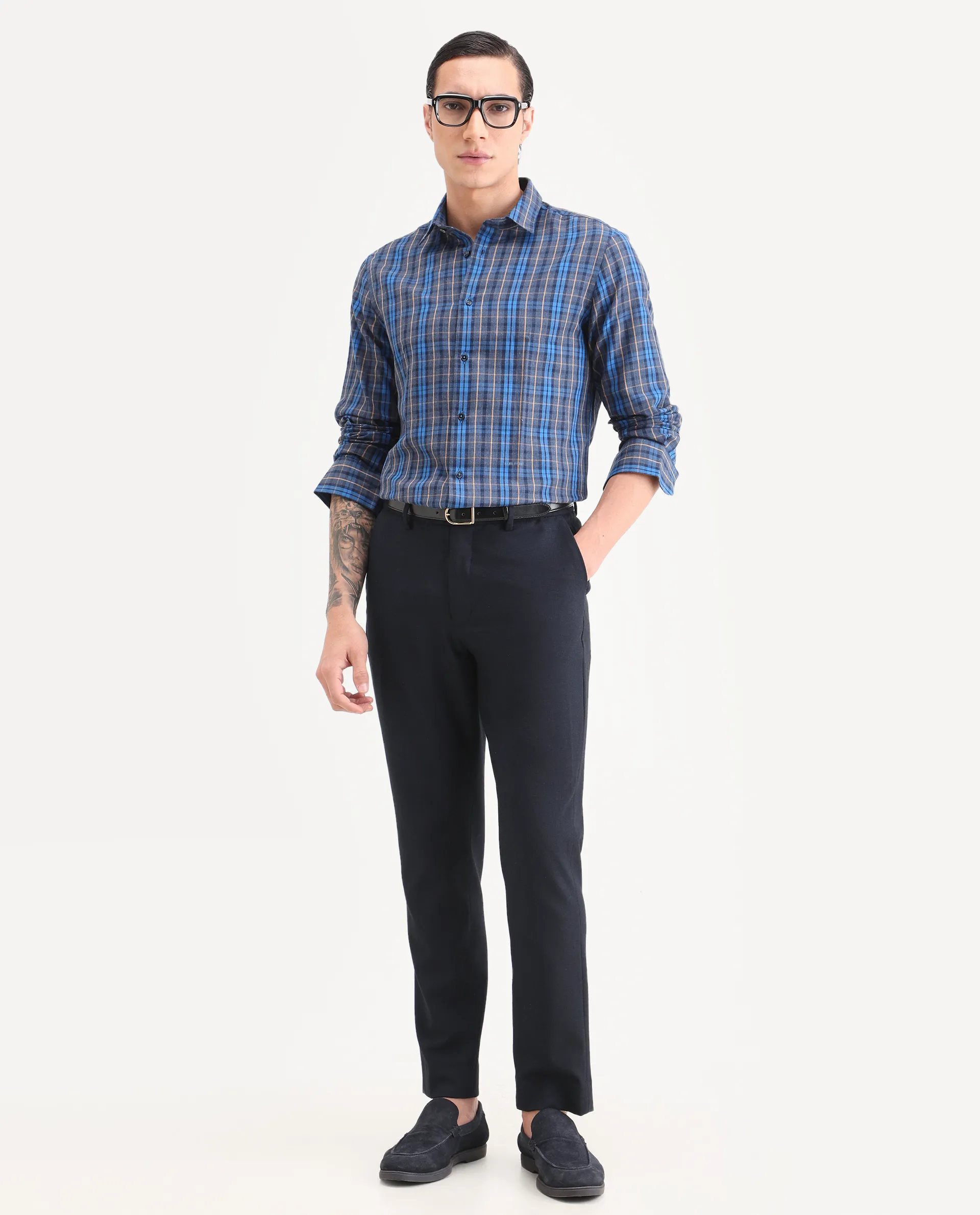 Rare Rabbit Men's Aaxel Dark Blue Cotton Blend Fabric Full Sleeve Spread Collar Regular Fit Checked Shirt - Image 2