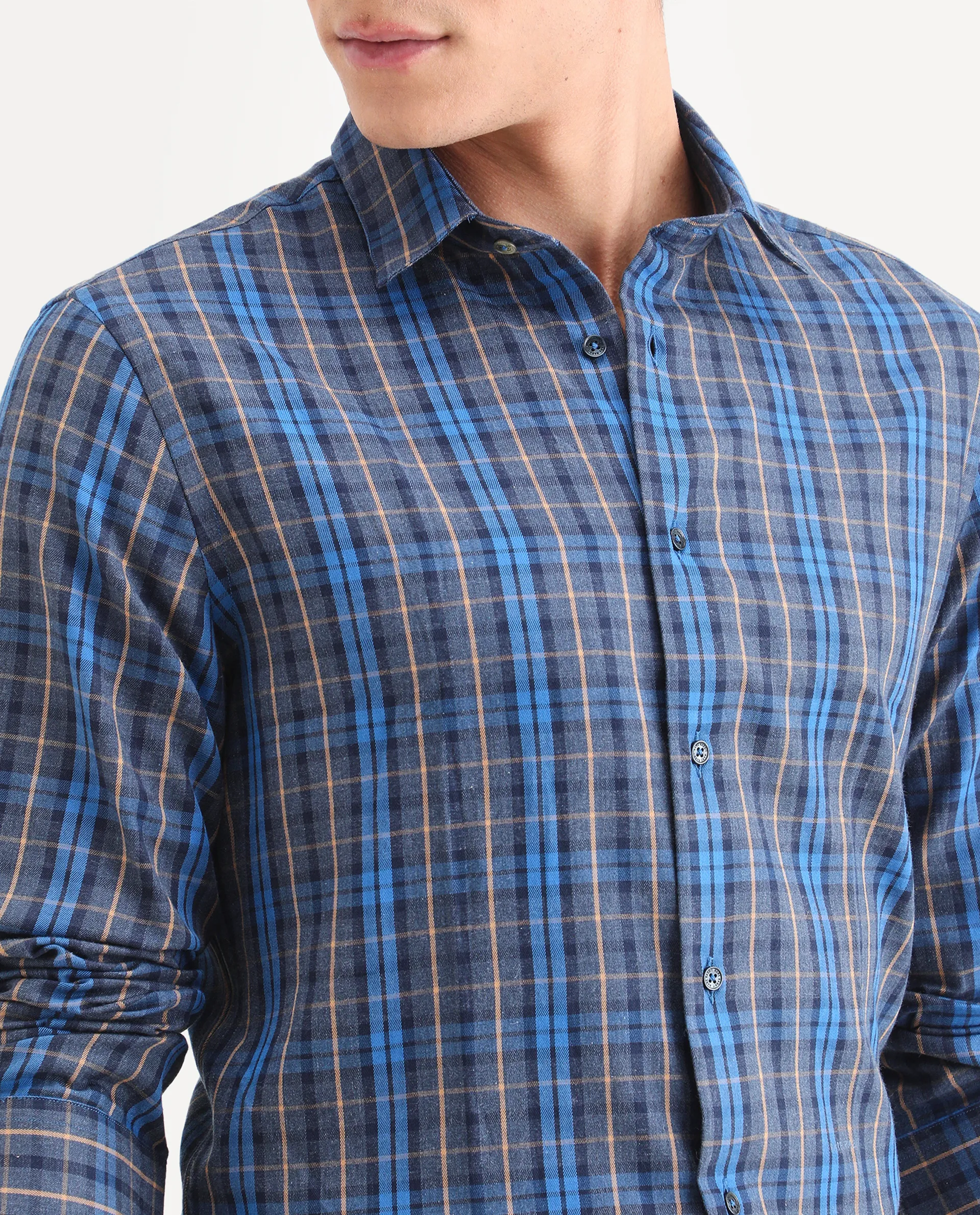 Rare Rabbit Men's Aaxel Dark Blue Cotton Blend Fabric Full Sleeve Spread Collar Regular Fit Checked Shirt - Image 3