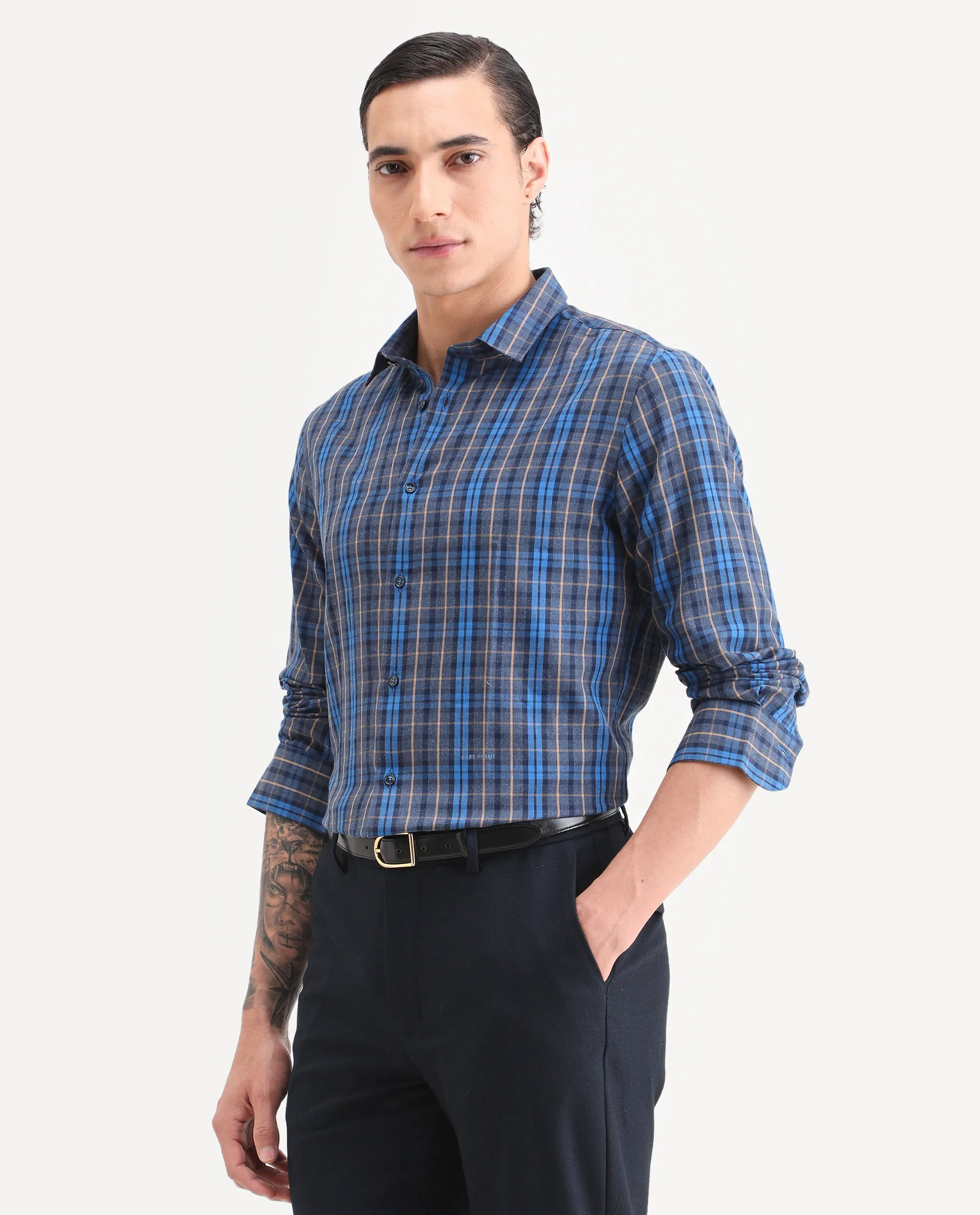 Rare Rabbit Men's Aaxel Dark Blue Cotton Blend Fabric Full Sleeve Spread Collar Regular Fit Checked Shirt - Image 4
