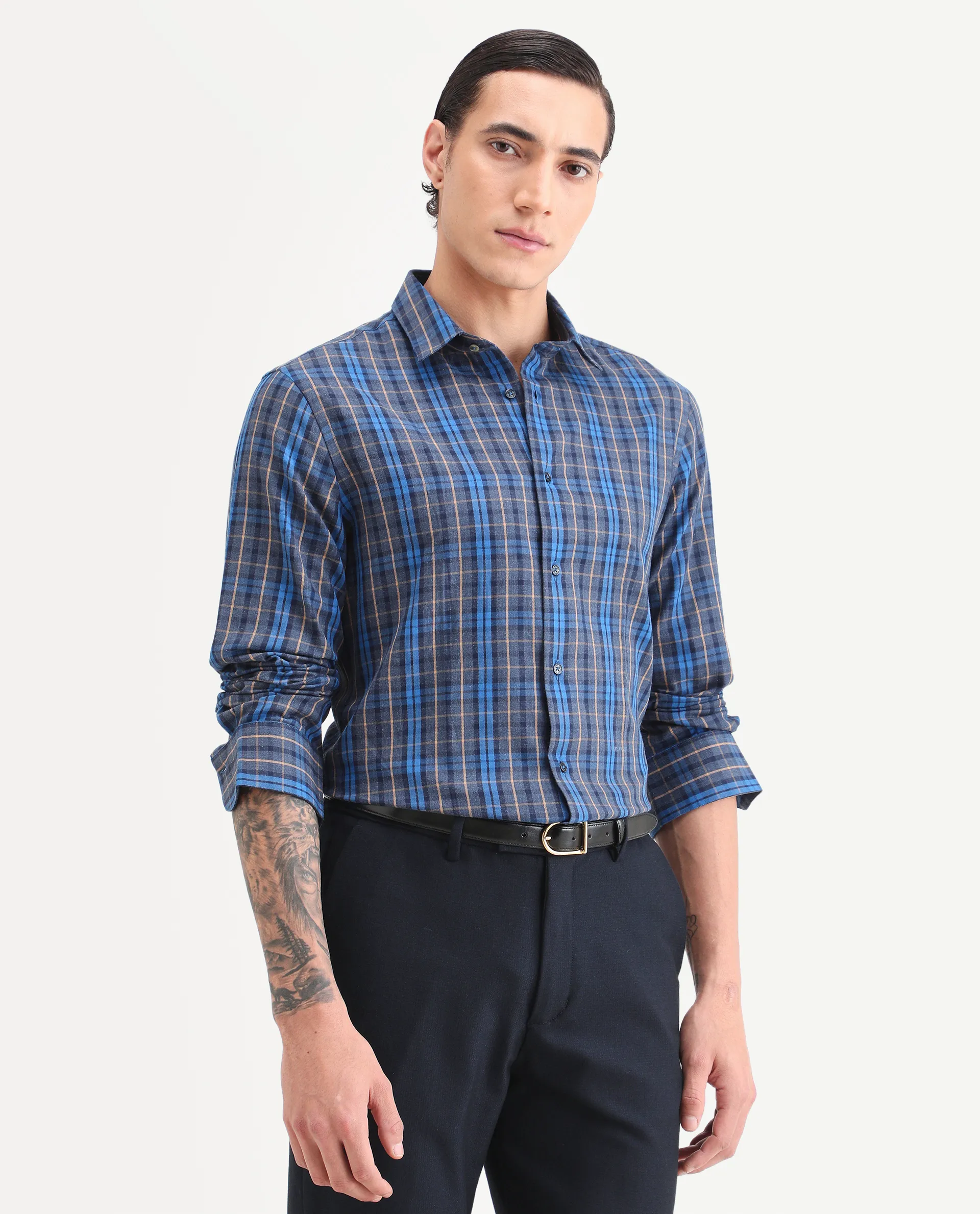 Rare Rabbit Men's Aaxel Dark Blue Cotton Blend Fabric Full Sleeve Spread Collar Regular Fit Checked Shirt - Image 5