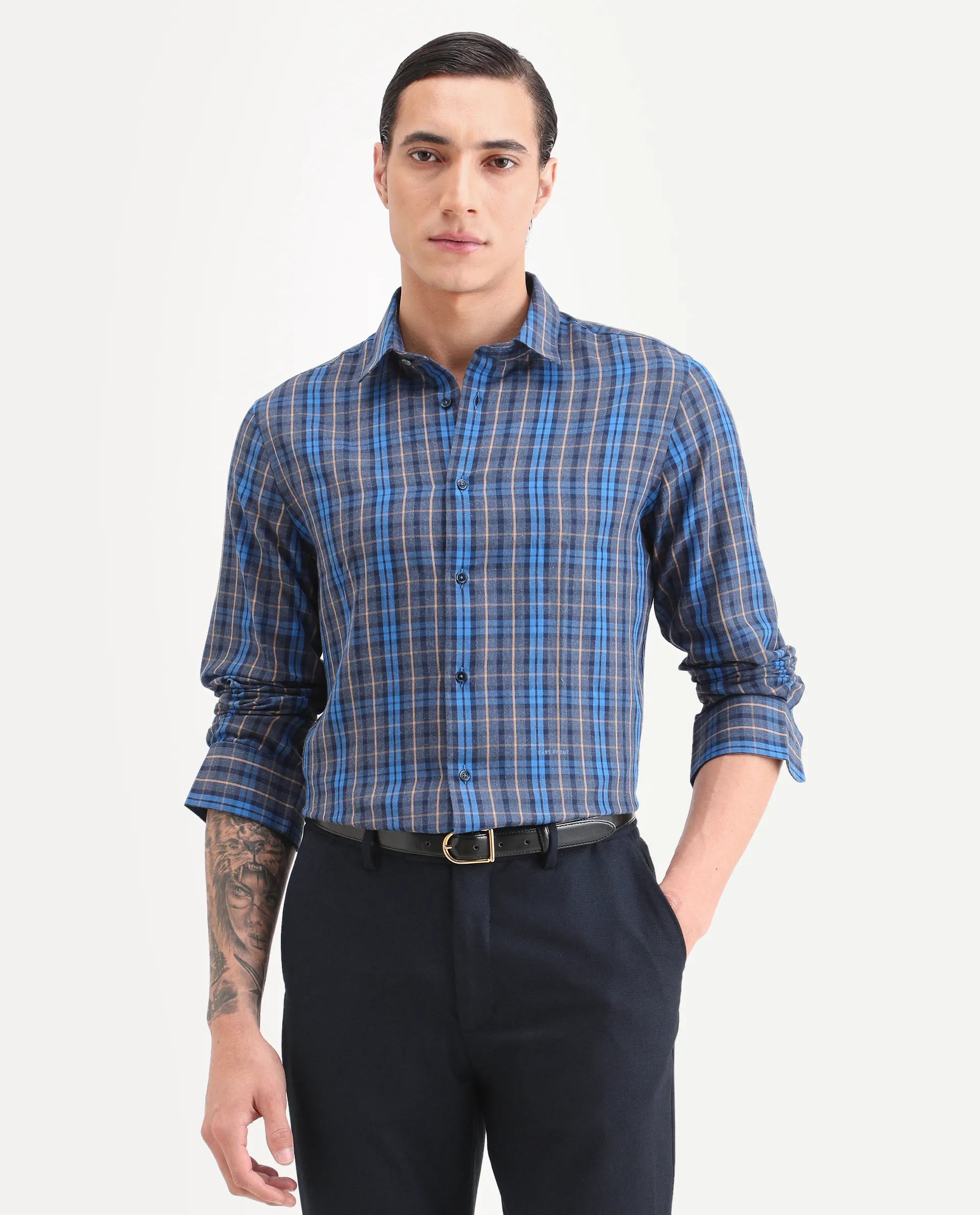 Rare Rabbit Men's Aaxel Dark Blue Cotton Blend Fabric Full Sleeve Spread Collar Regular Fit Checked Shirt - Image 6