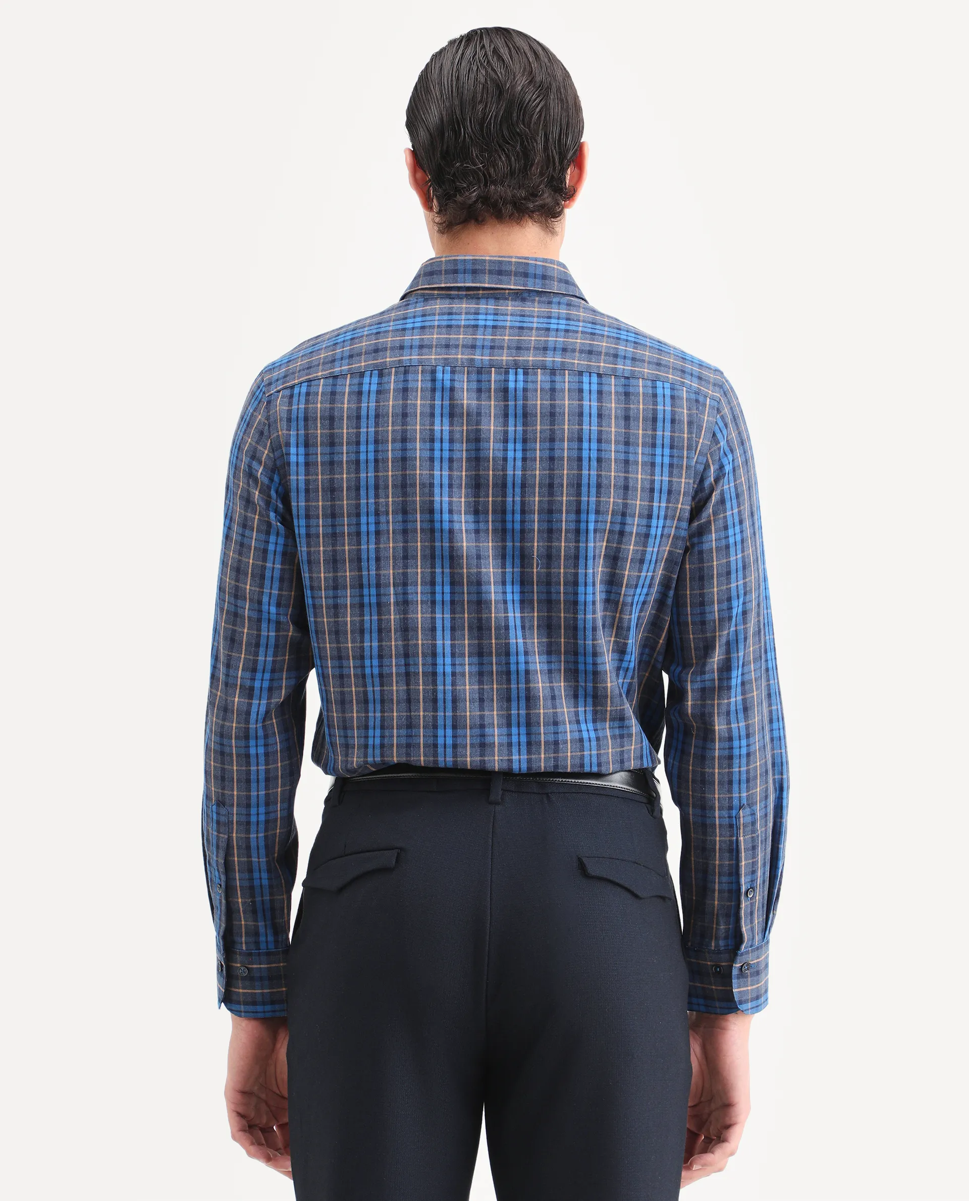 Rare Rabbit Men's Aaxel Dark Blue Cotton Blend Fabric Full Sleeve Spread Collar Regular Fit Checked Shirt - Image 7