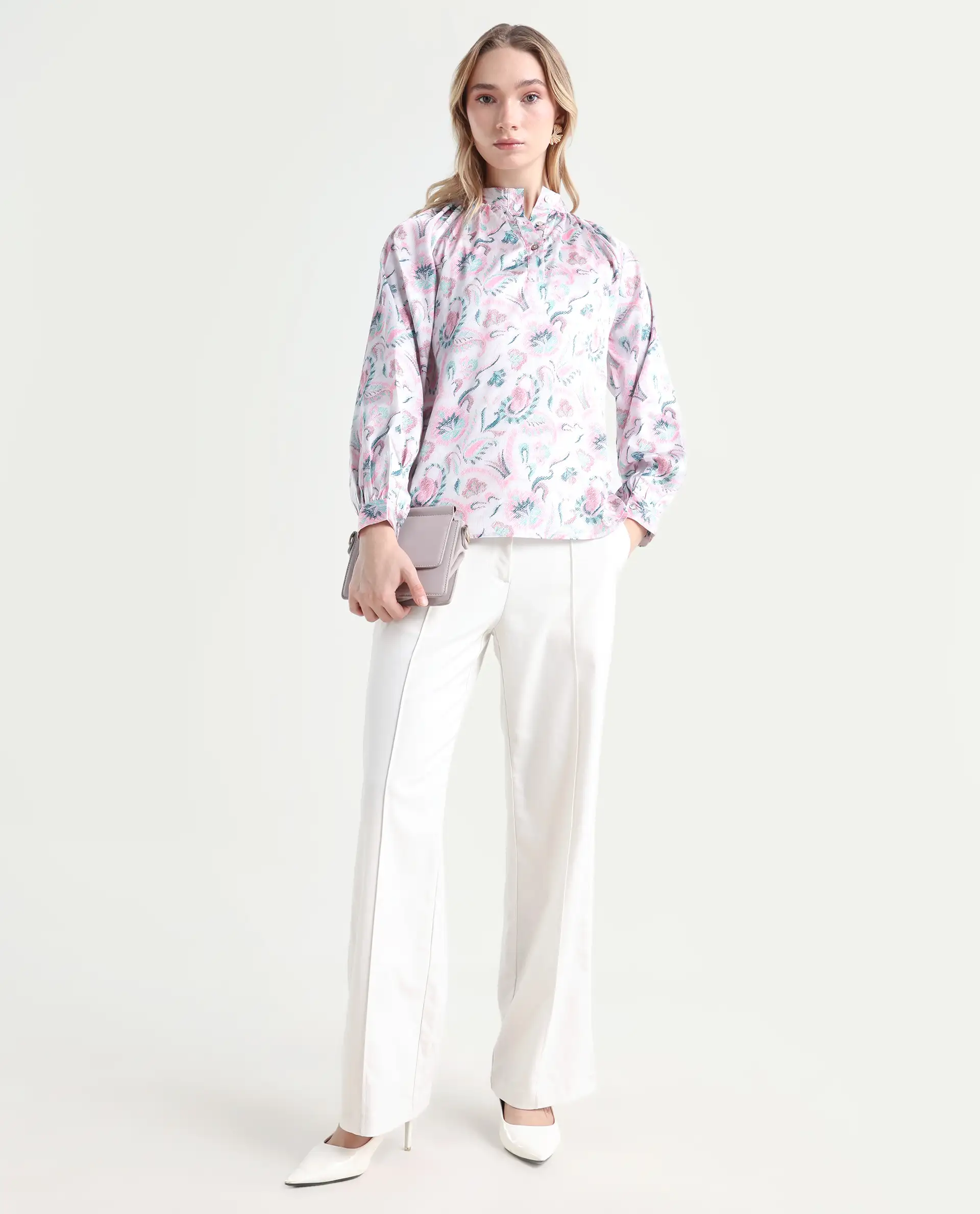 Rareism Women's Aaylinn Multi Polyester Blend High Neck Floral Print Cuffed Sleeve Relaxed Fit Top - Image 2