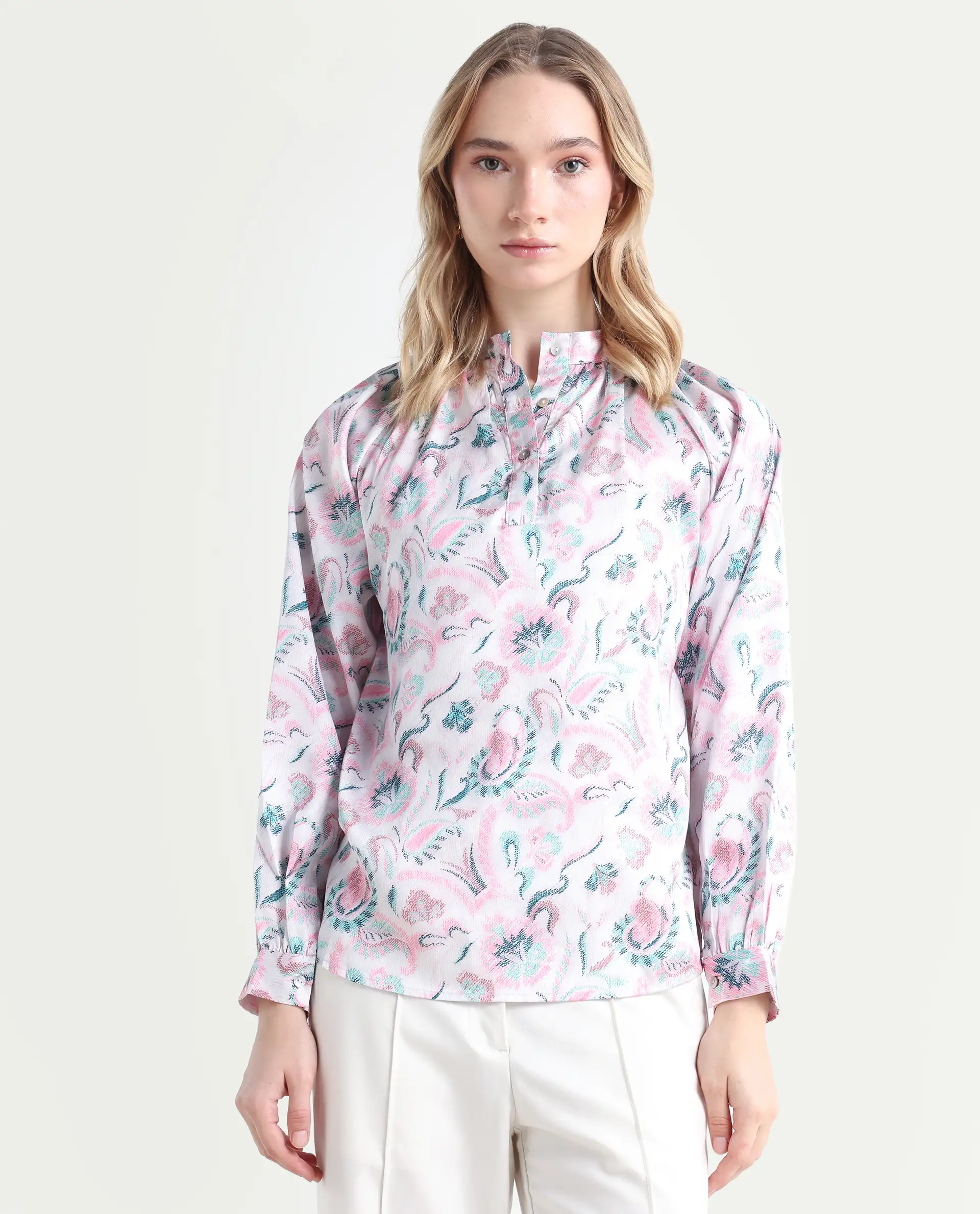Rareism Women's Aaylinn Multi Polyester Blend High Neck Floral Print Cuffed Sleeve Relaxed Fit Top - Image 3
