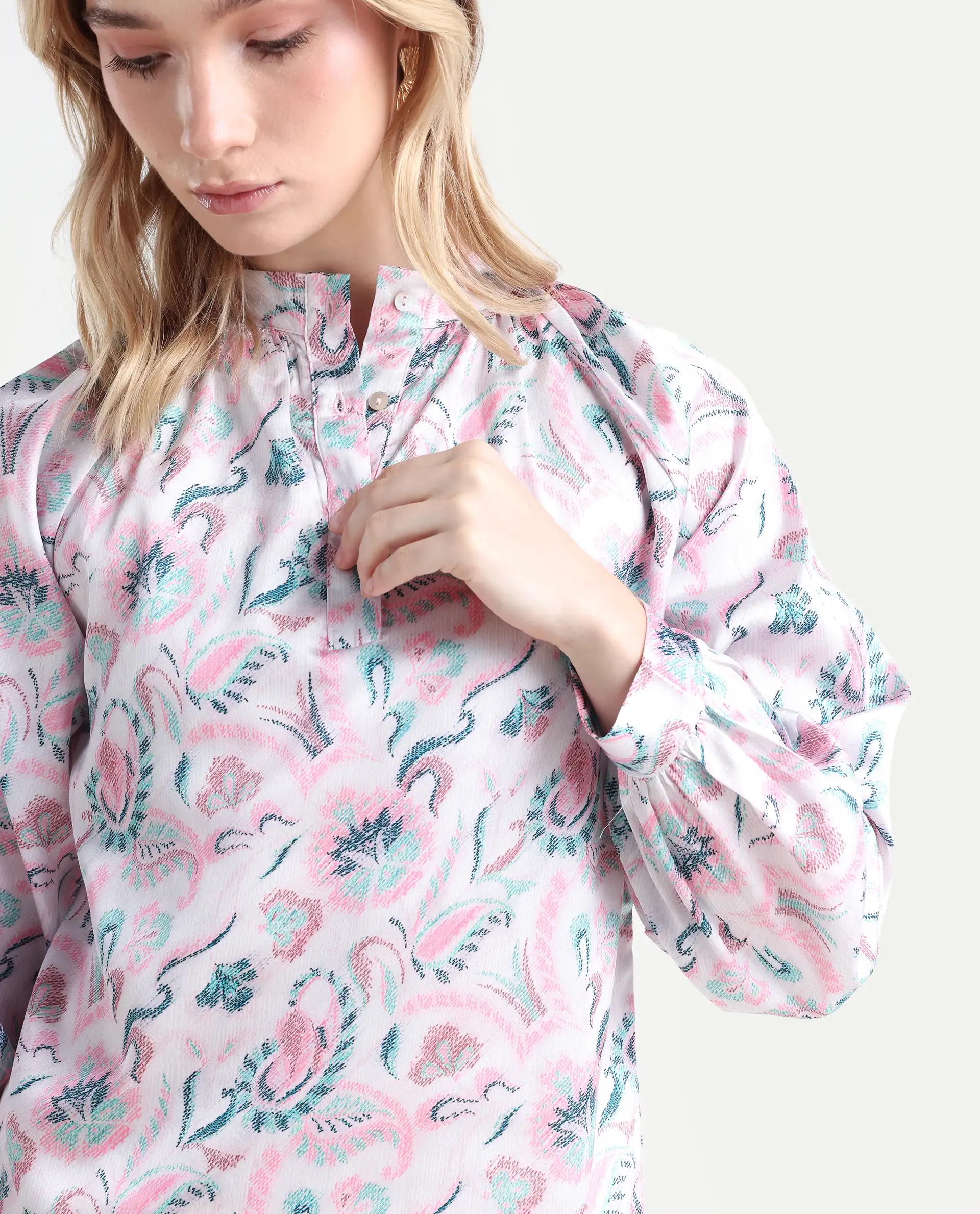 Rareism Women's Aaylinn Multi Polyester Blend High Neck Floral Print Cuffed Sleeve Relaxed Fit Top - Image 4