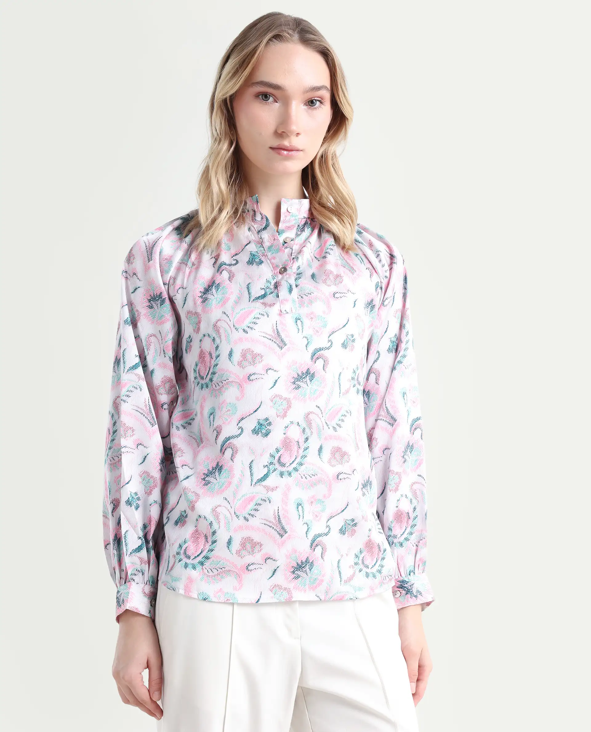 Rareism Women's Aaylinn Multi Polyester Blend High Neck Floral Print Cuffed Sleeve Relaxed Fit Top - Image 6