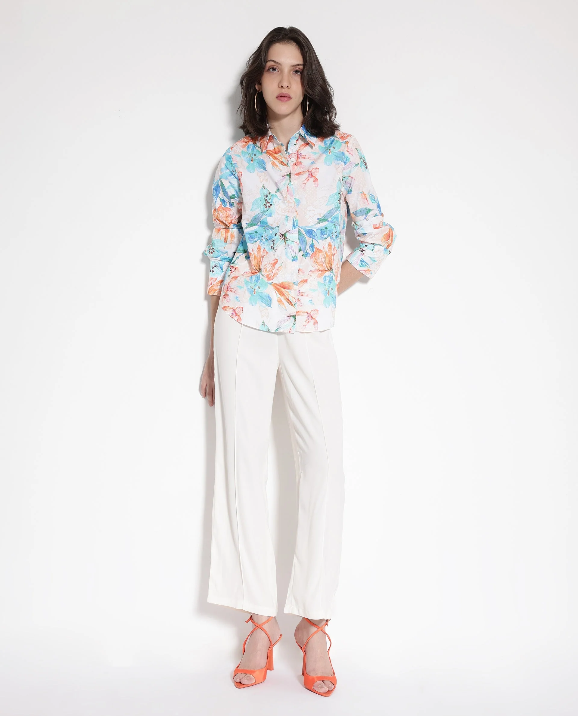 Rareism Women's Abbi Off White Cotton Spread Collar Floral Print Cuffed Sleeve Relaxed Fit Top - Image 11