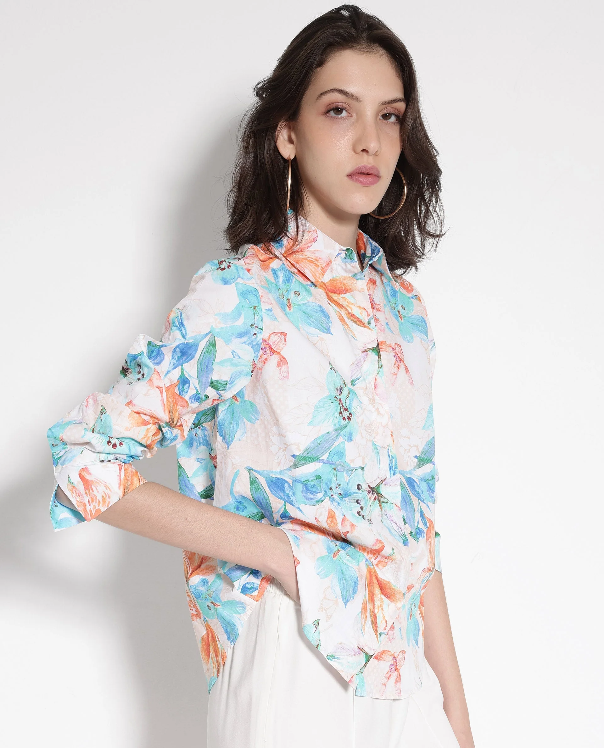 Rareism Women's Abbi Off White Cotton Spread Collar Floral Print Cuffed Sleeve Relaxed Fit Top - Image 3