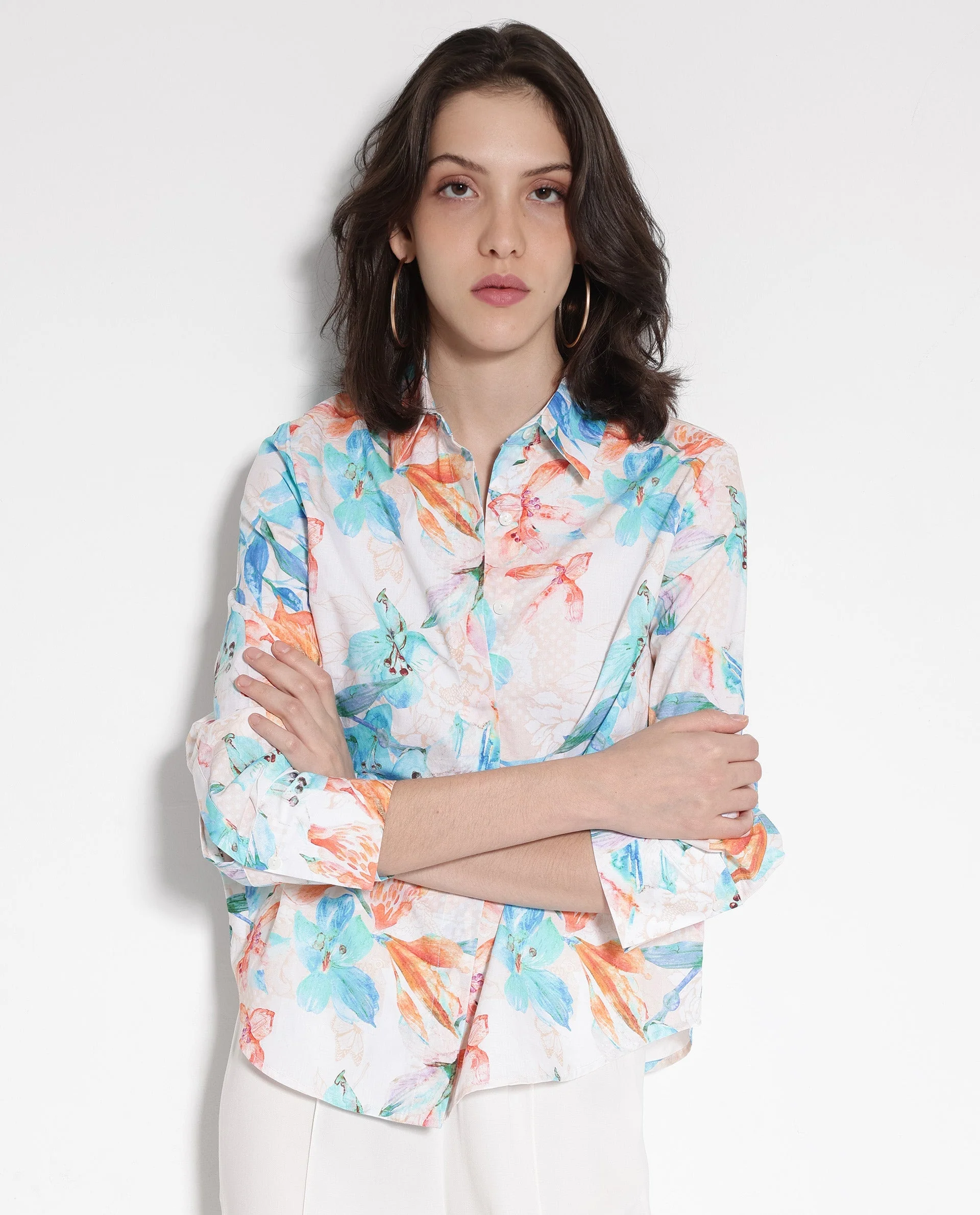 Rareism Women's Abbi Off White Cotton Spread Collar Floral Print Cuffed Sleeve Relaxed Fit Top - Image 5