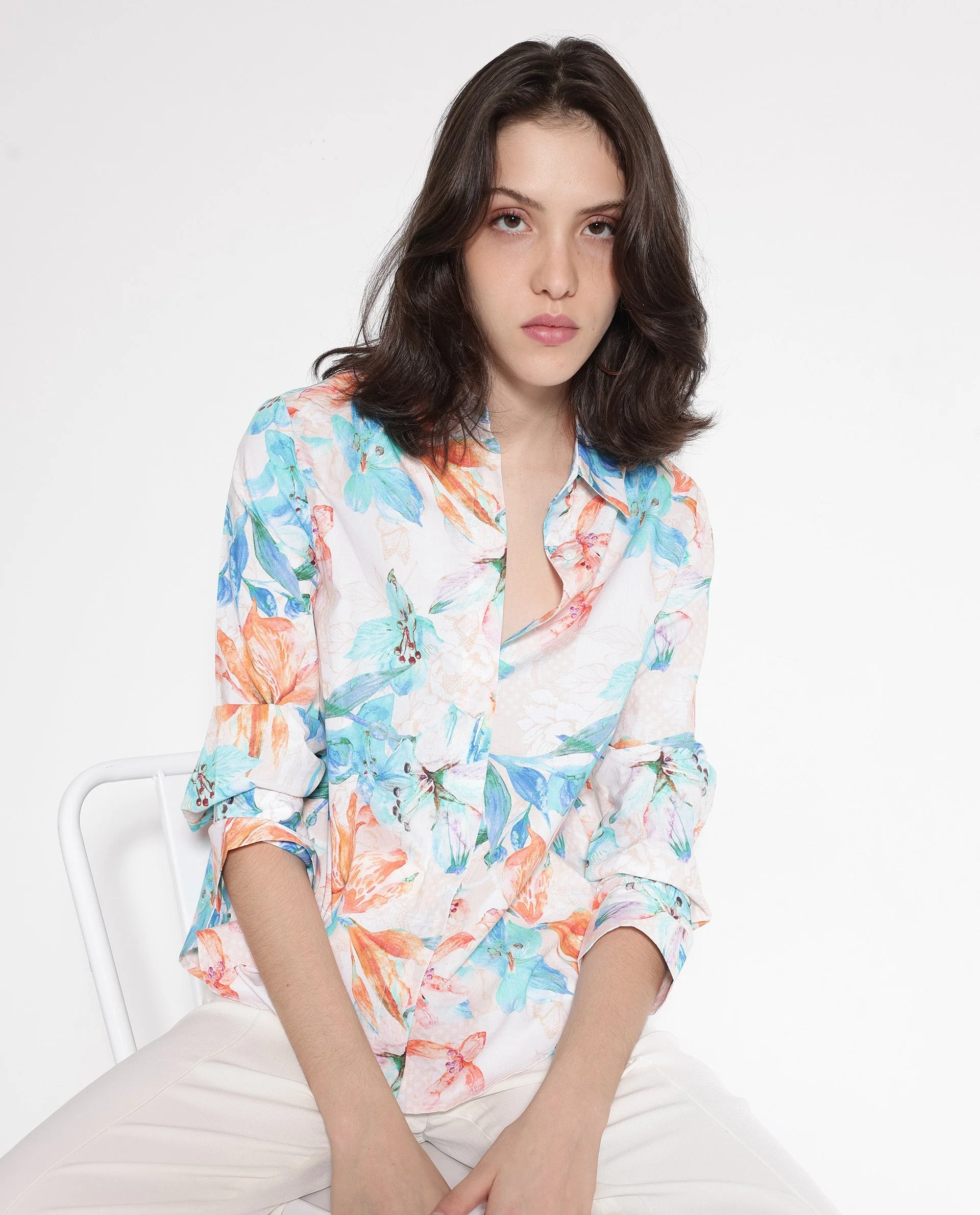 Rareism Women's Abbi Off White Cotton Spread Collar Floral Print Cuffed Sleeve Relaxed Fit Top - Image 8