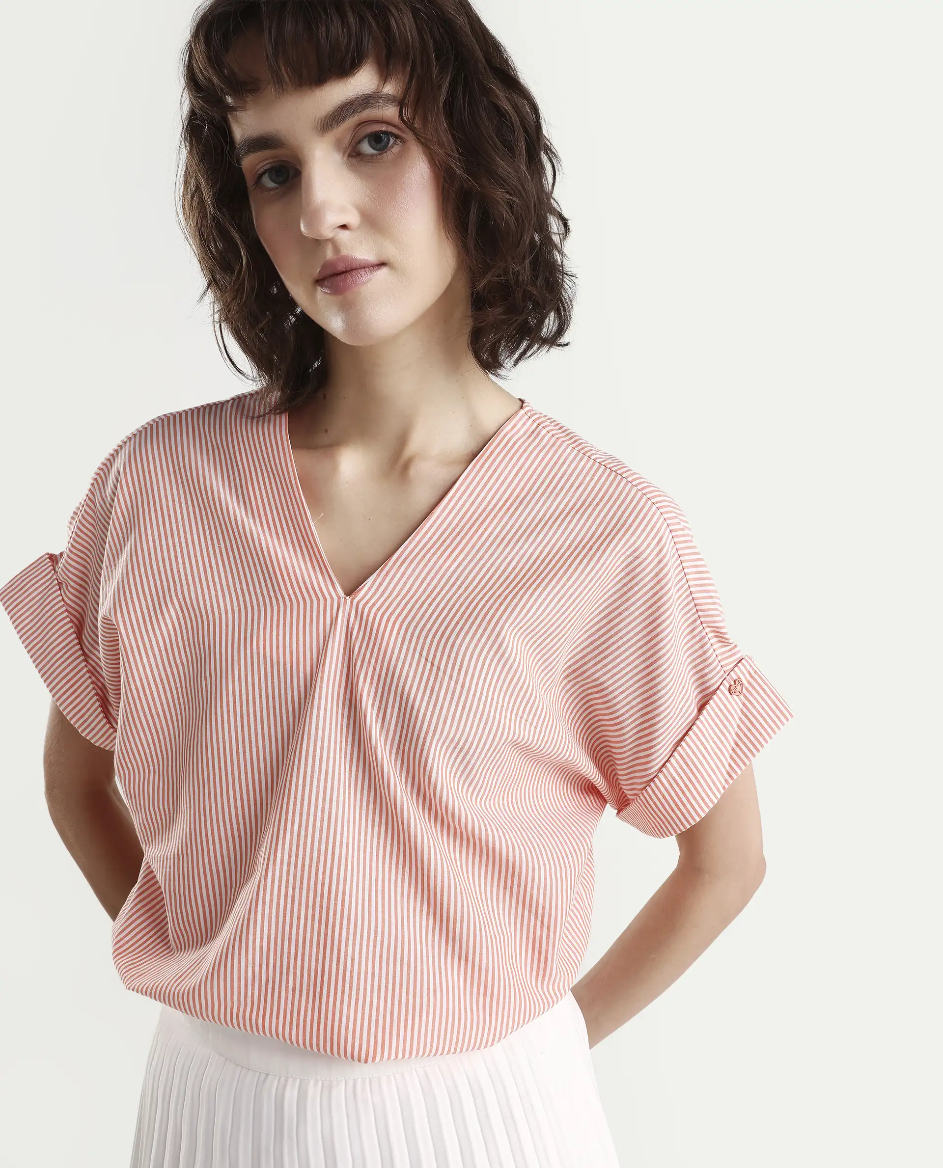 Rareism Women's Abdoo Orange V-Neck Striped Extended Sleeves Relaxed Fit Top