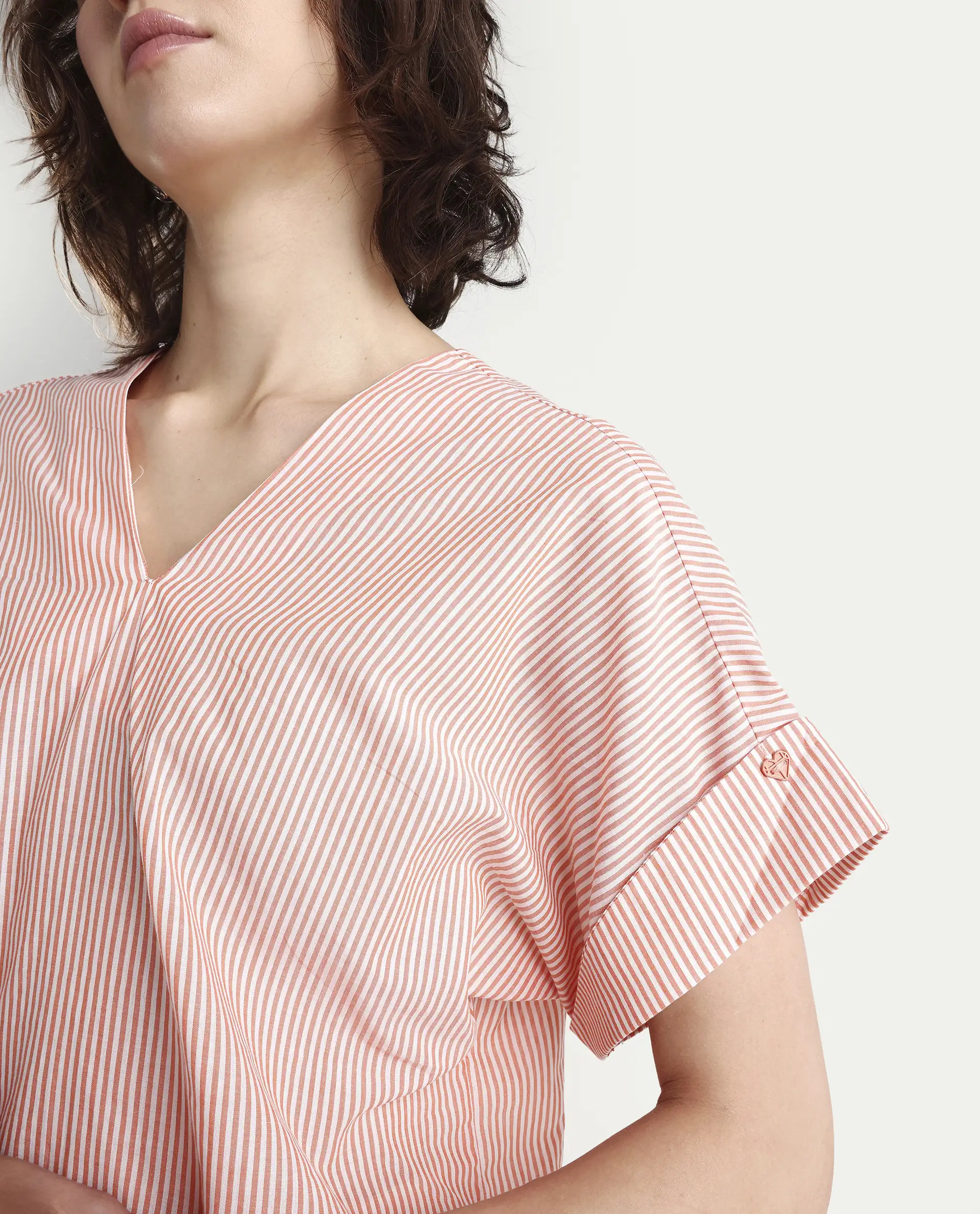 Rareism Women's Abdoo Orange V-Neck Striped Extended Sleeves Relaxed Fit Top - Image 4