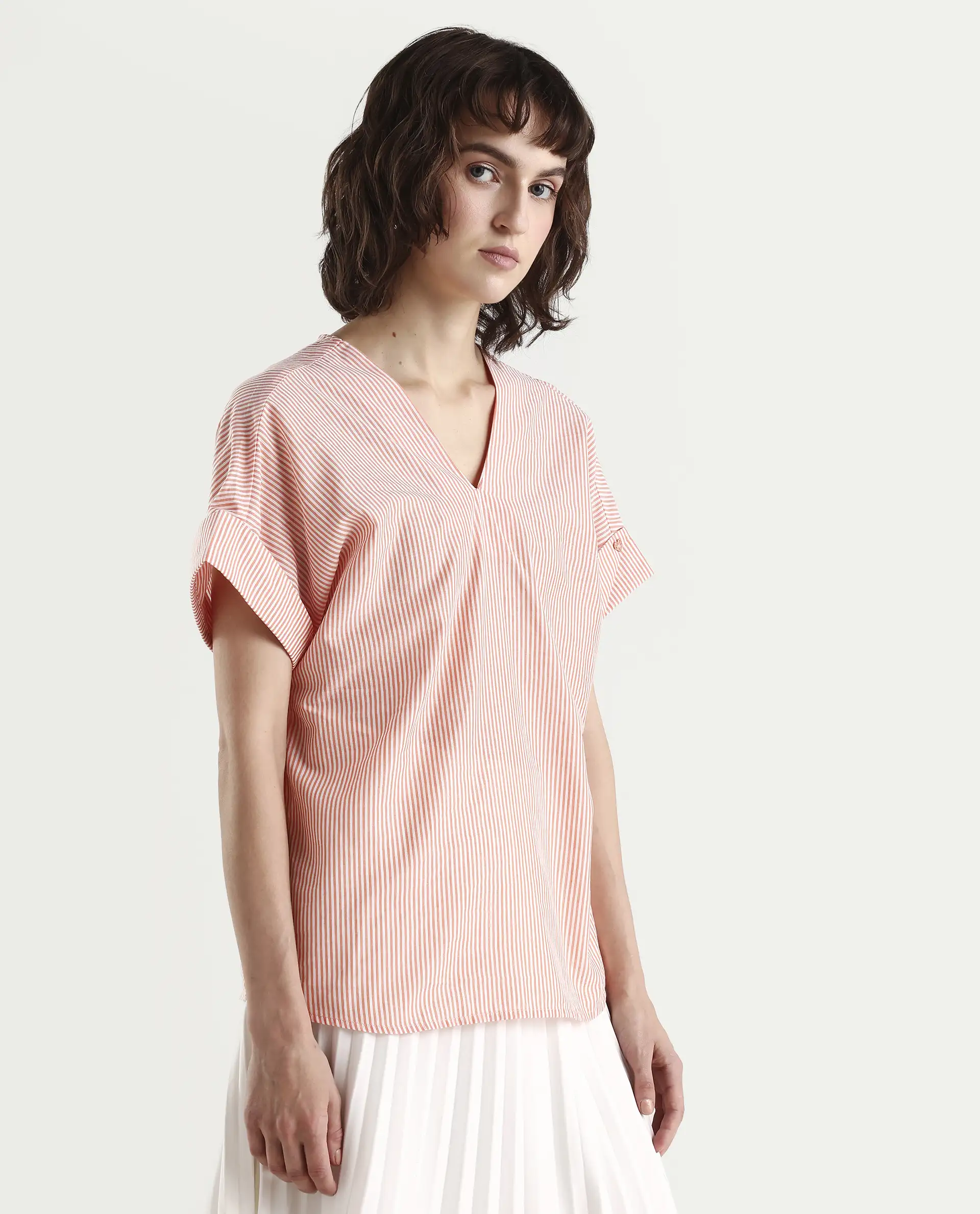Rareism Women's Abdoo Orange V-Neck Striped Extended Sleeves Relaxed Fit Top - Image 5