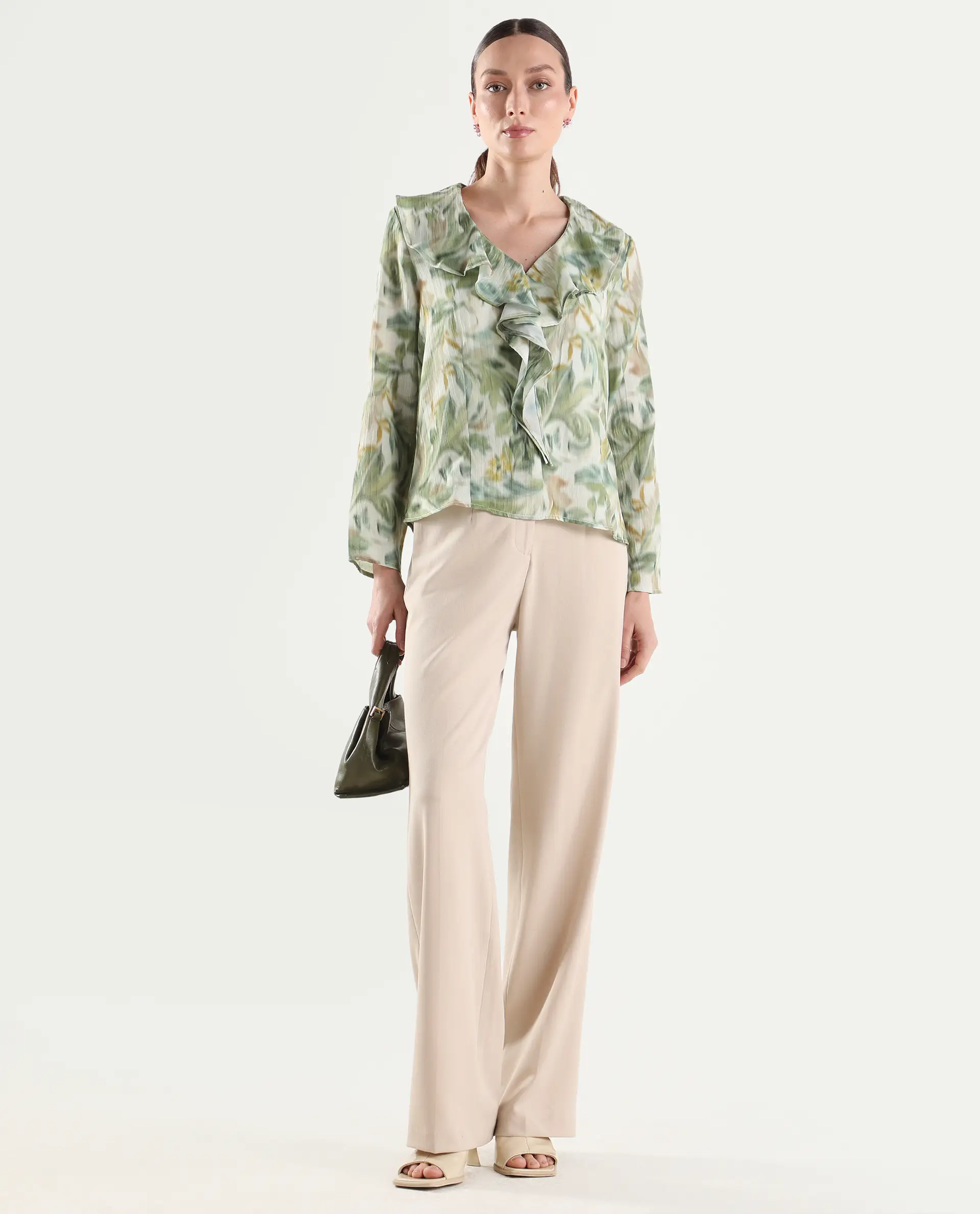 Rareism Women's Abena Light Green Polyester Full Sleeve Regular Fit Printed Top - Image 2