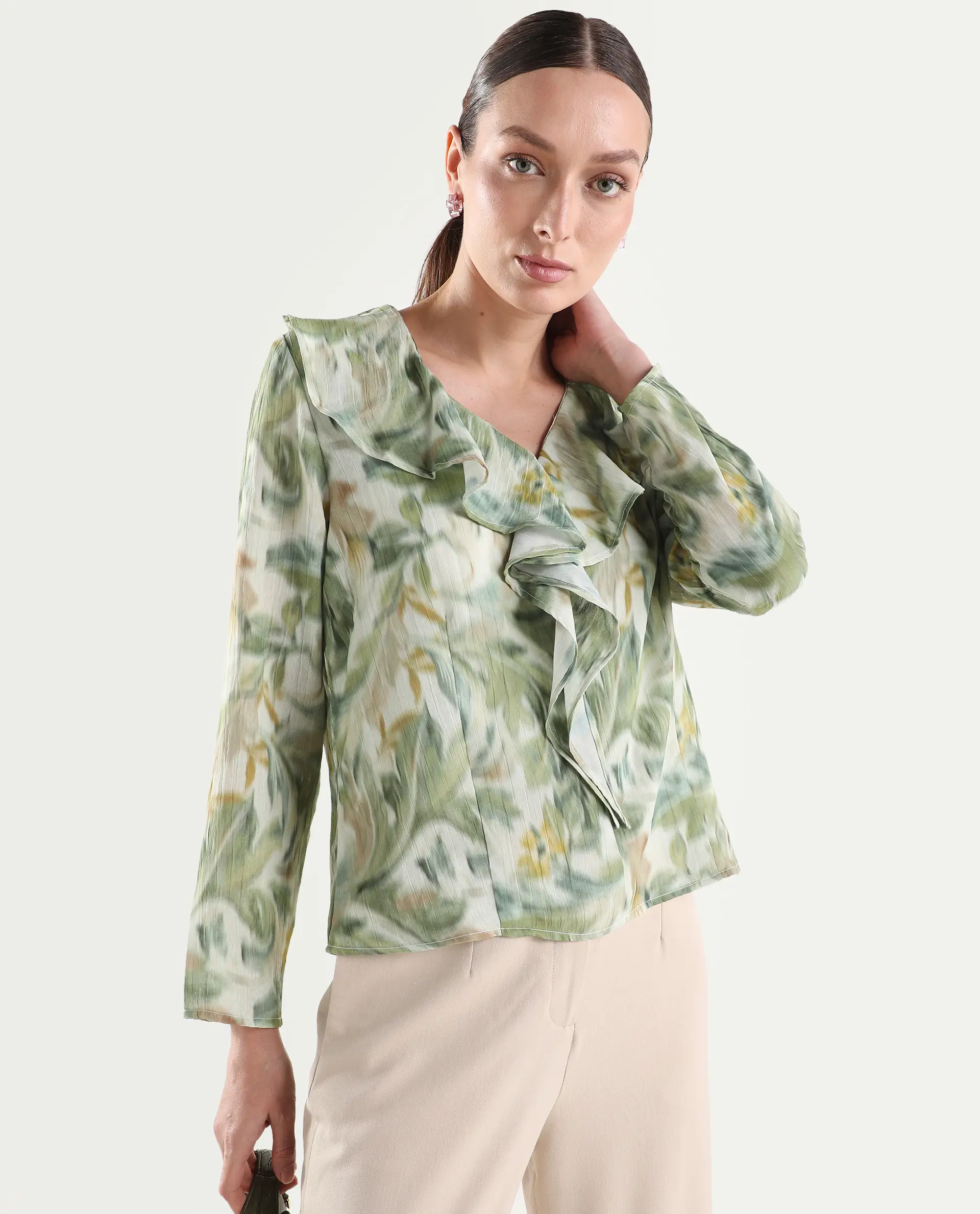 Rareism Women's Abena Light Green Polyester Full Sleeve Regular Fit Printed Top - Image 3