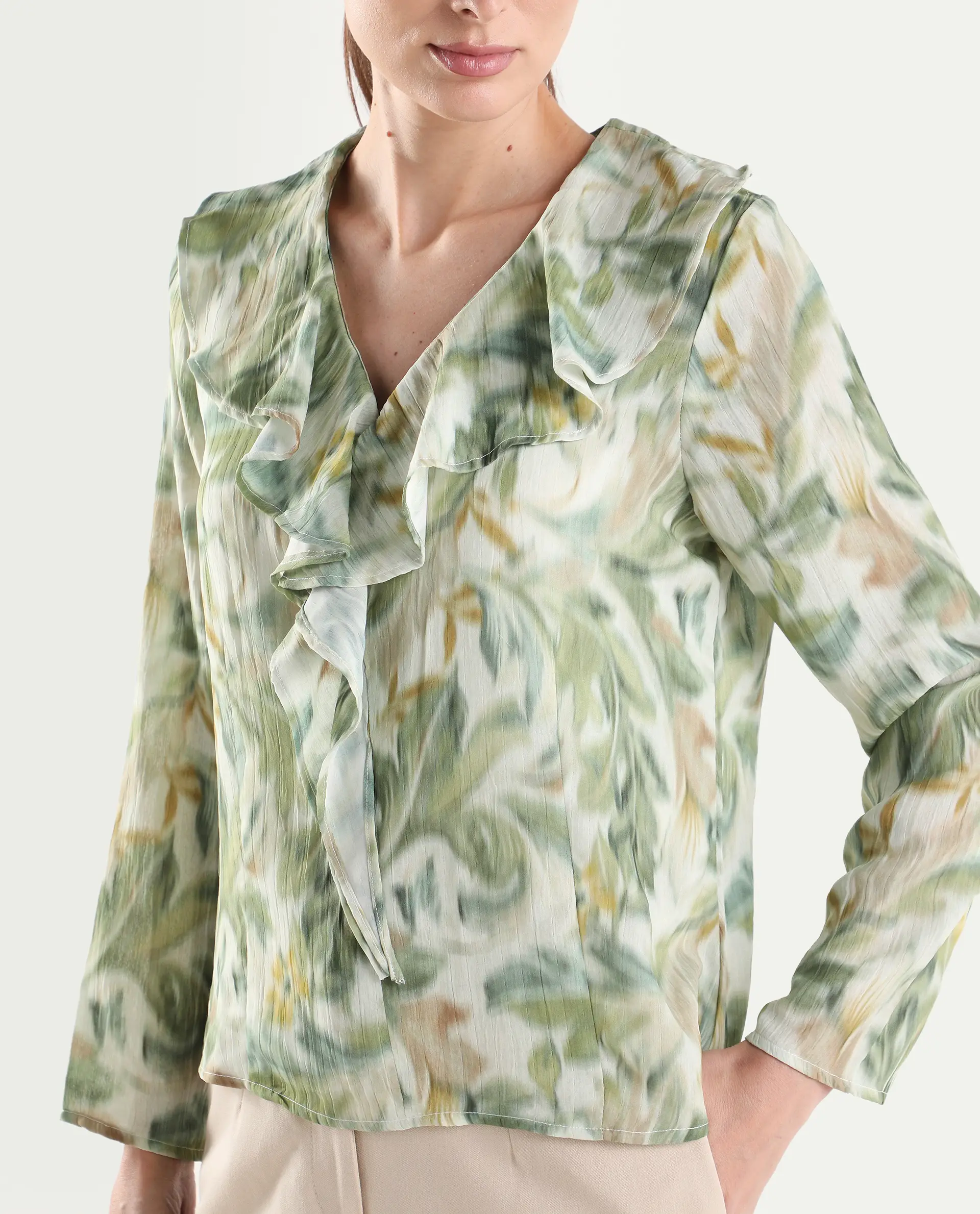 Rareism Women's Abena Light Green Polyester Full Sleeve Regular Fit Printed Top - Image 4