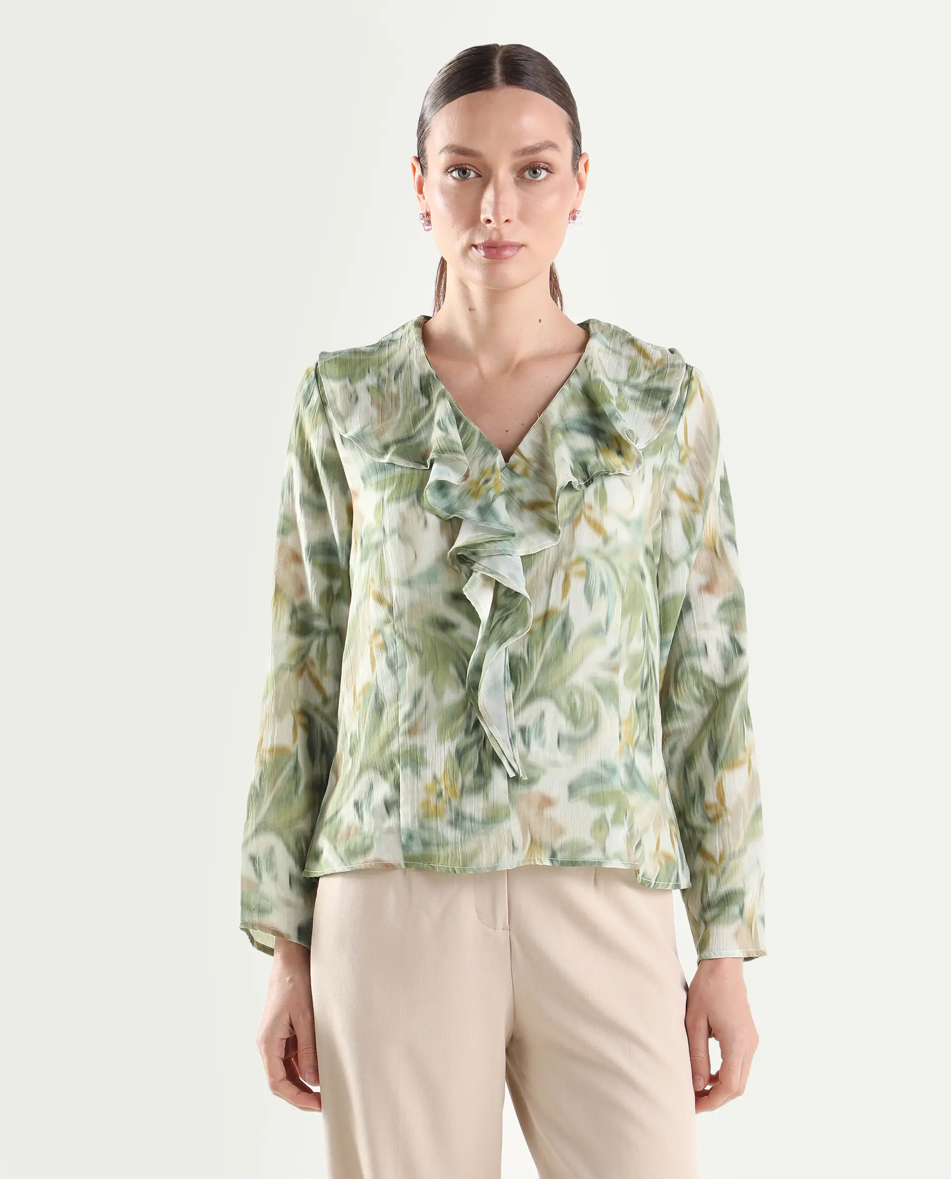 Rareism Women's Abena Light Green Polyester Full Sleeve Regular Fit Printed Top - Image 5
