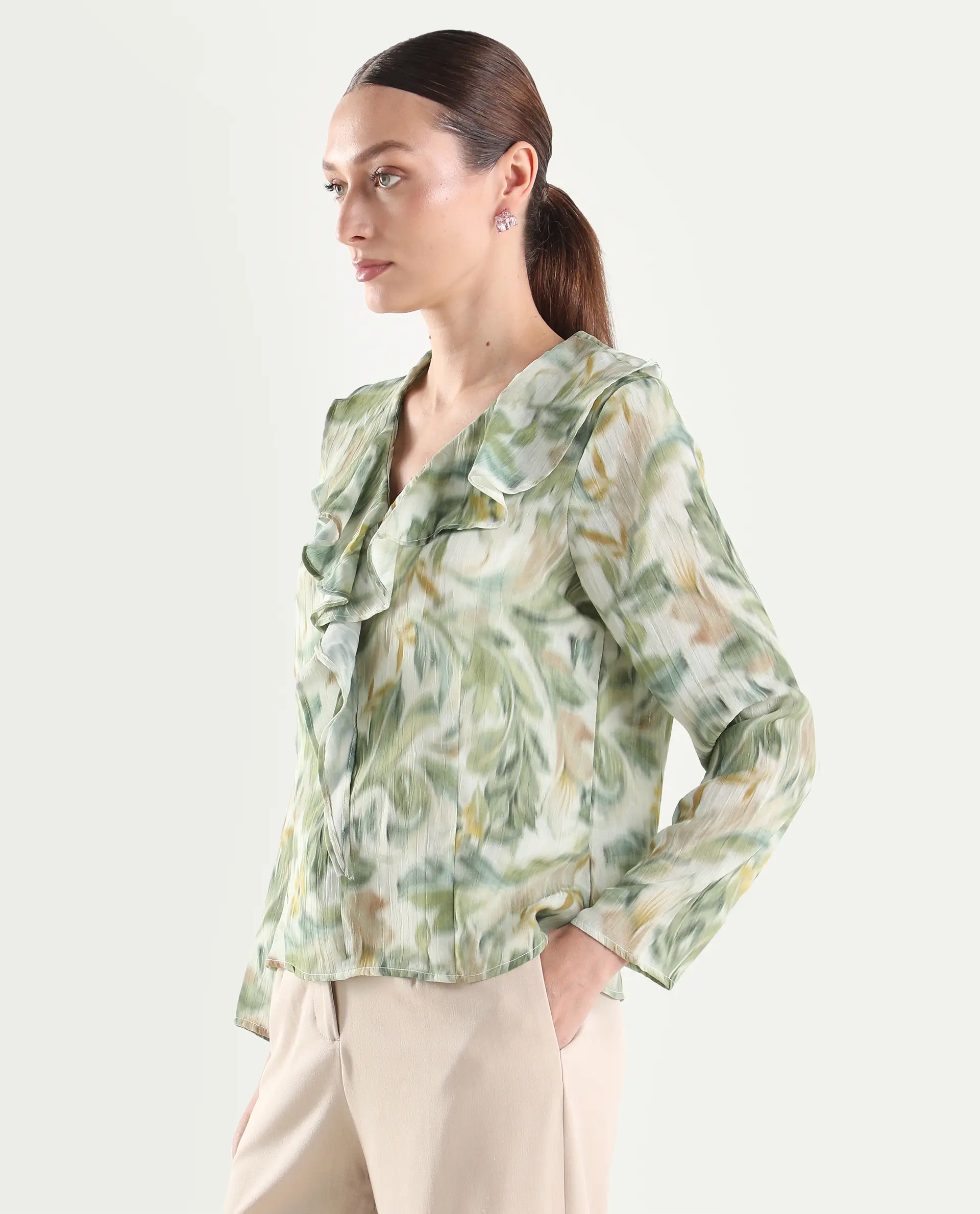 Rareism Women's Abena Light Green Polyester Full Sleeve Regular Fit Printed Top - Image 6