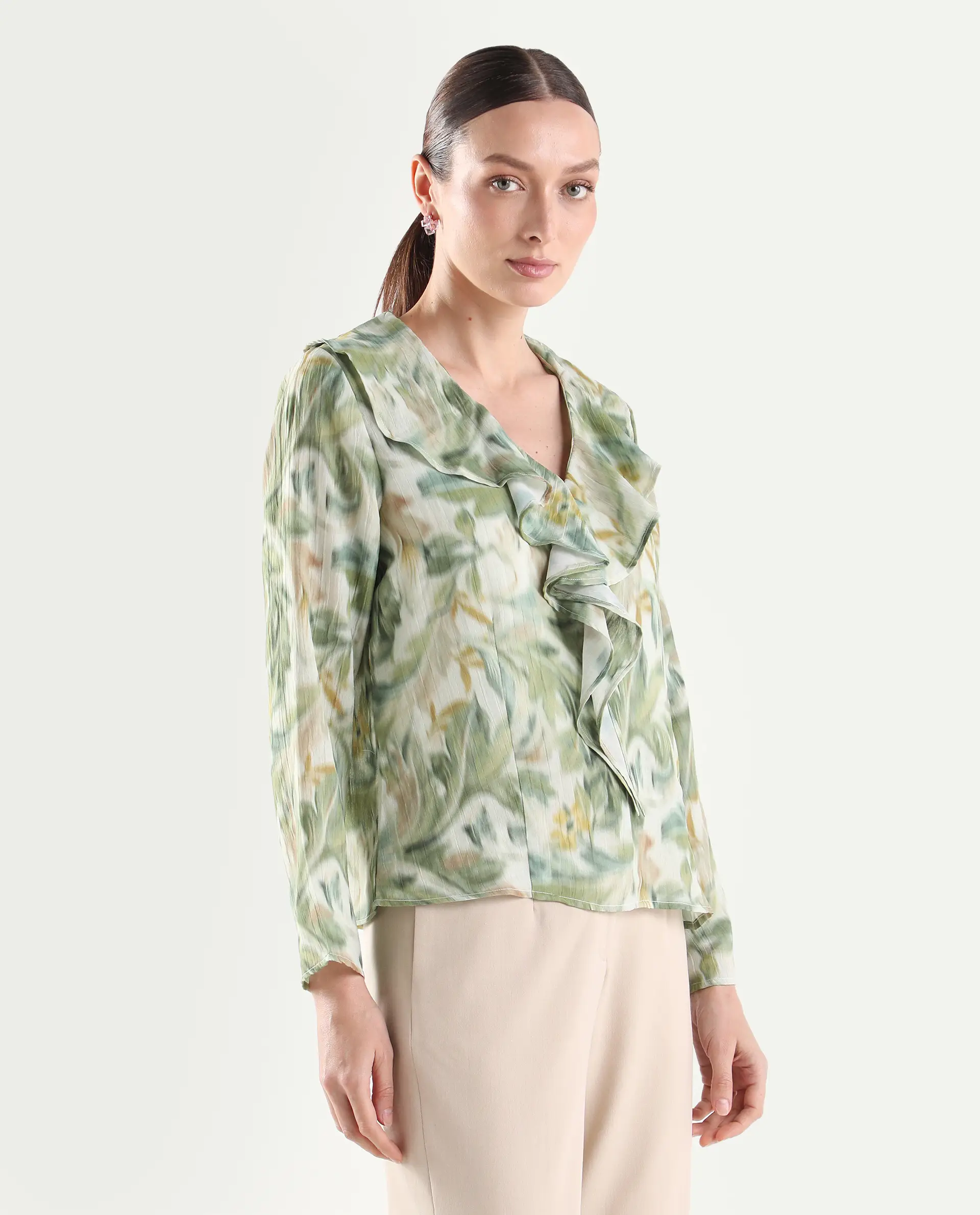 Rareism Women's Abena Light Green Polyester Full Sleeve Regular Fit Printed Top - Image 7