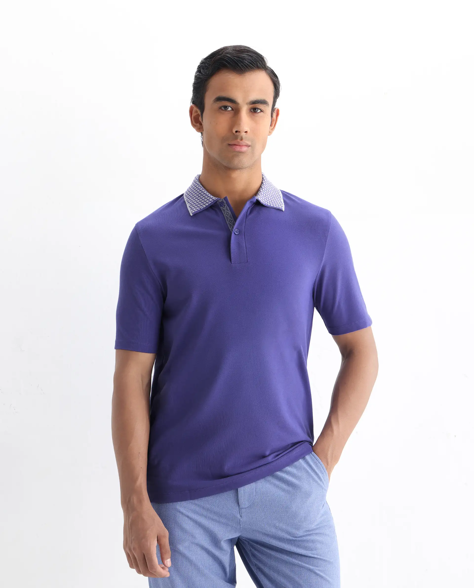 Rare Rabbit Men's Abit Purple Cotton Blend Plain Regular Fit Half Sleeve Polo - Image 4