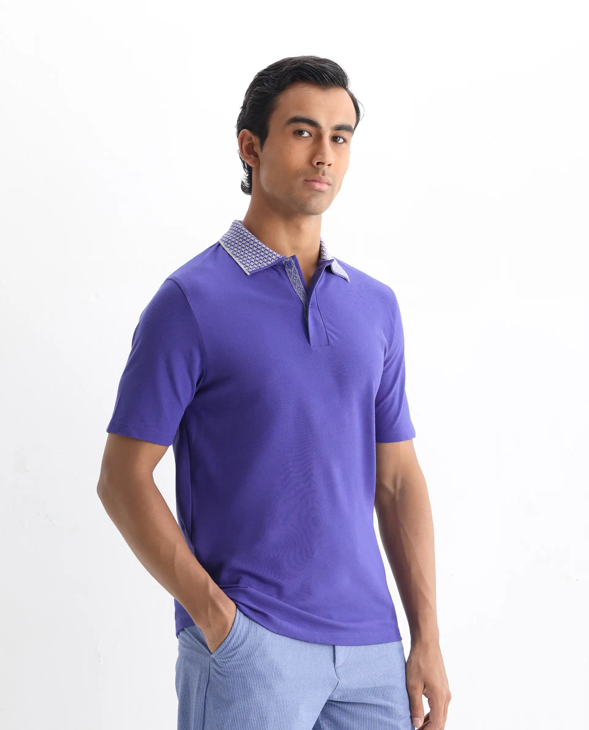 Rare Rabbit Men's Abit Purple Cotton Blend Plain Regular Fit Half Sleeve Polo - Image 6