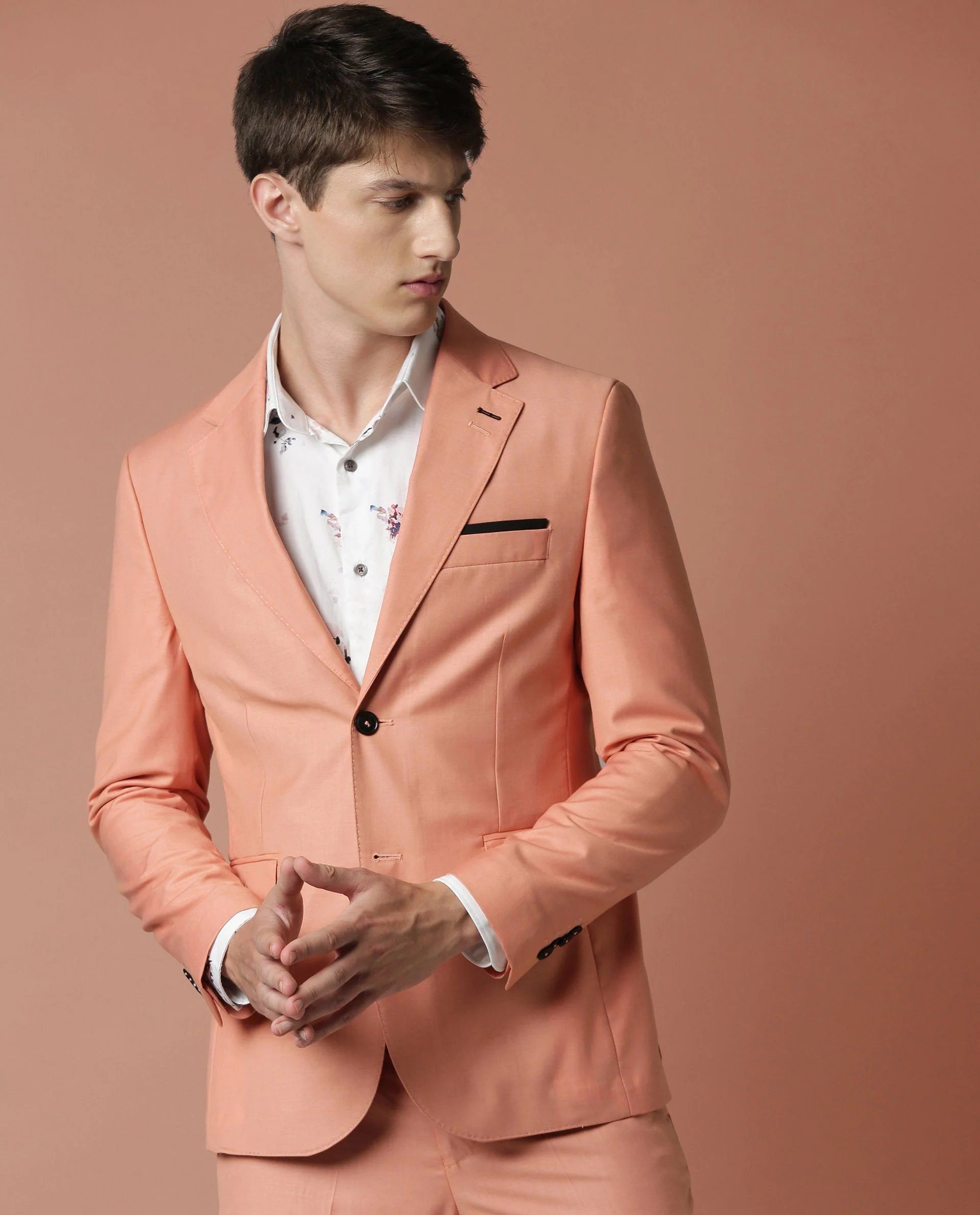 Rare Rabbit Men's Ablaze Peach Polyester Tailored Fit Full Sleeve Lapel Neck Blazer