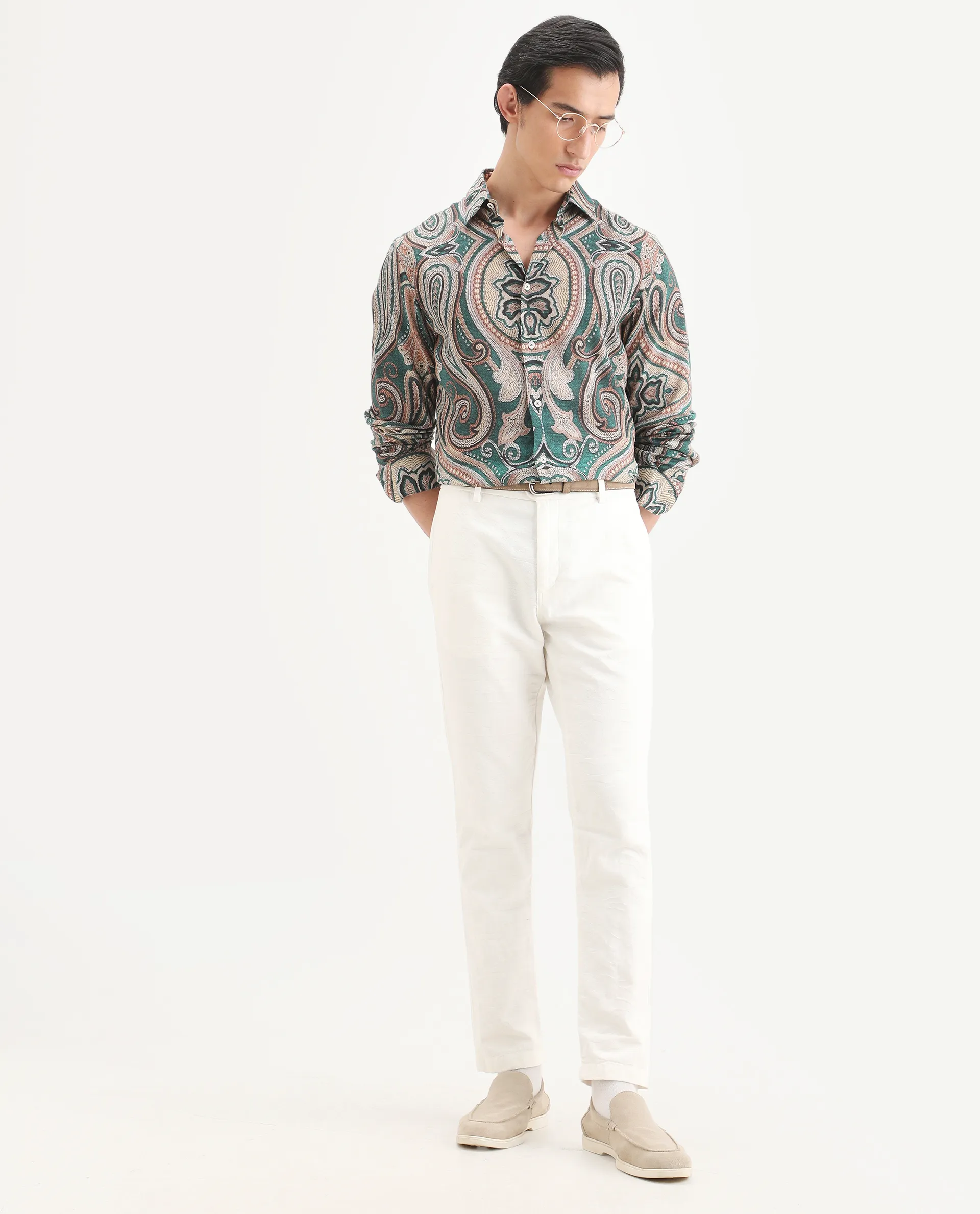 Rare Rabbit Men's Abro Dusky Green Linen Blend Fabric Full Sleeve Spread Collar Regular Fit Paisley Print Shirt - Image 2