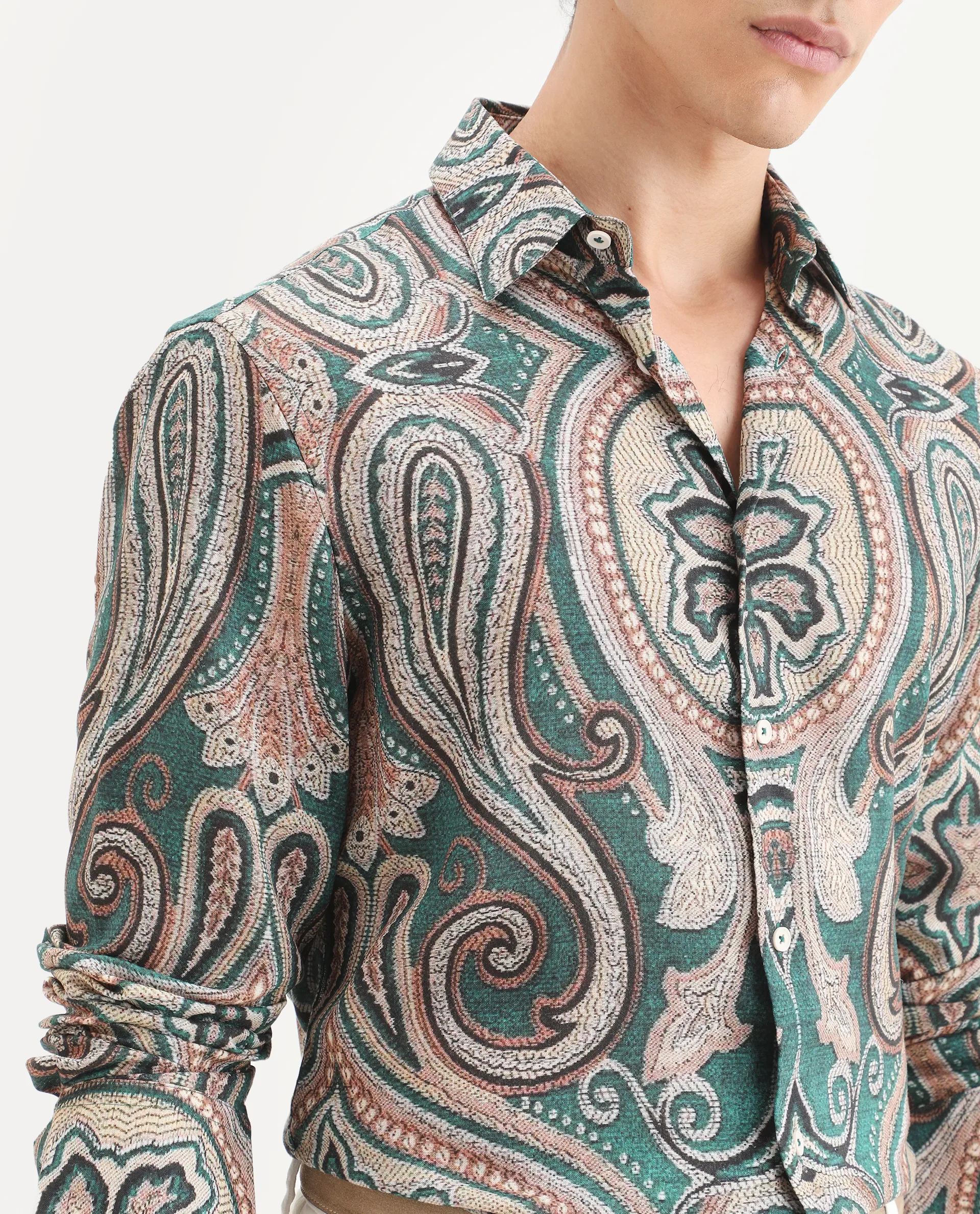 Rare Rabbit Men's Abro Dusky Green Linen Blend Fabric Full Sleeve Spread Collar Regular Fit Paisley Print Shirt - Image 3