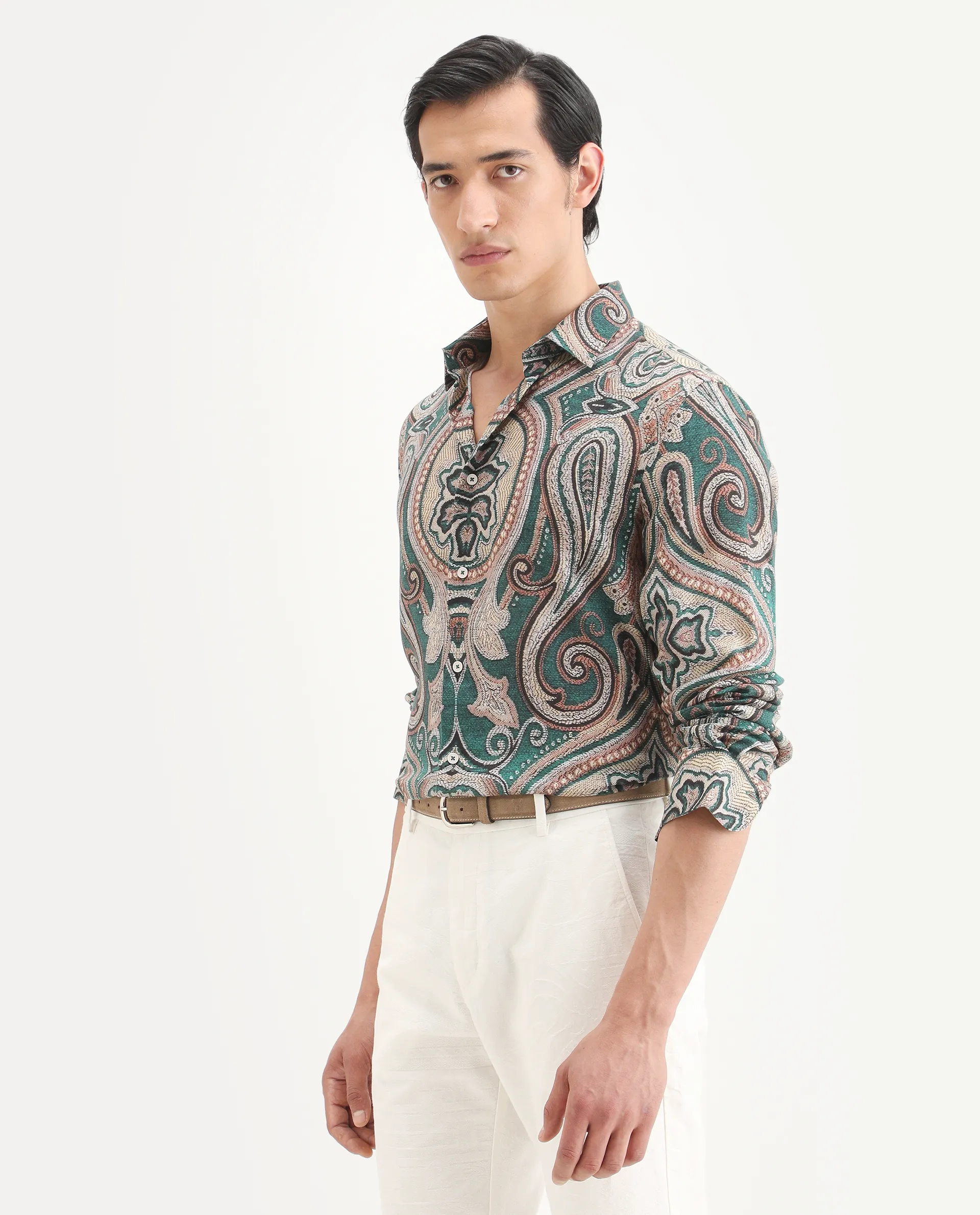 Rare Rabbit Men's Abro Dusky Green Linen Blend Fabric Full Sleeve Spread Collar Regular Fit Paisley Print Shirt - Image 4