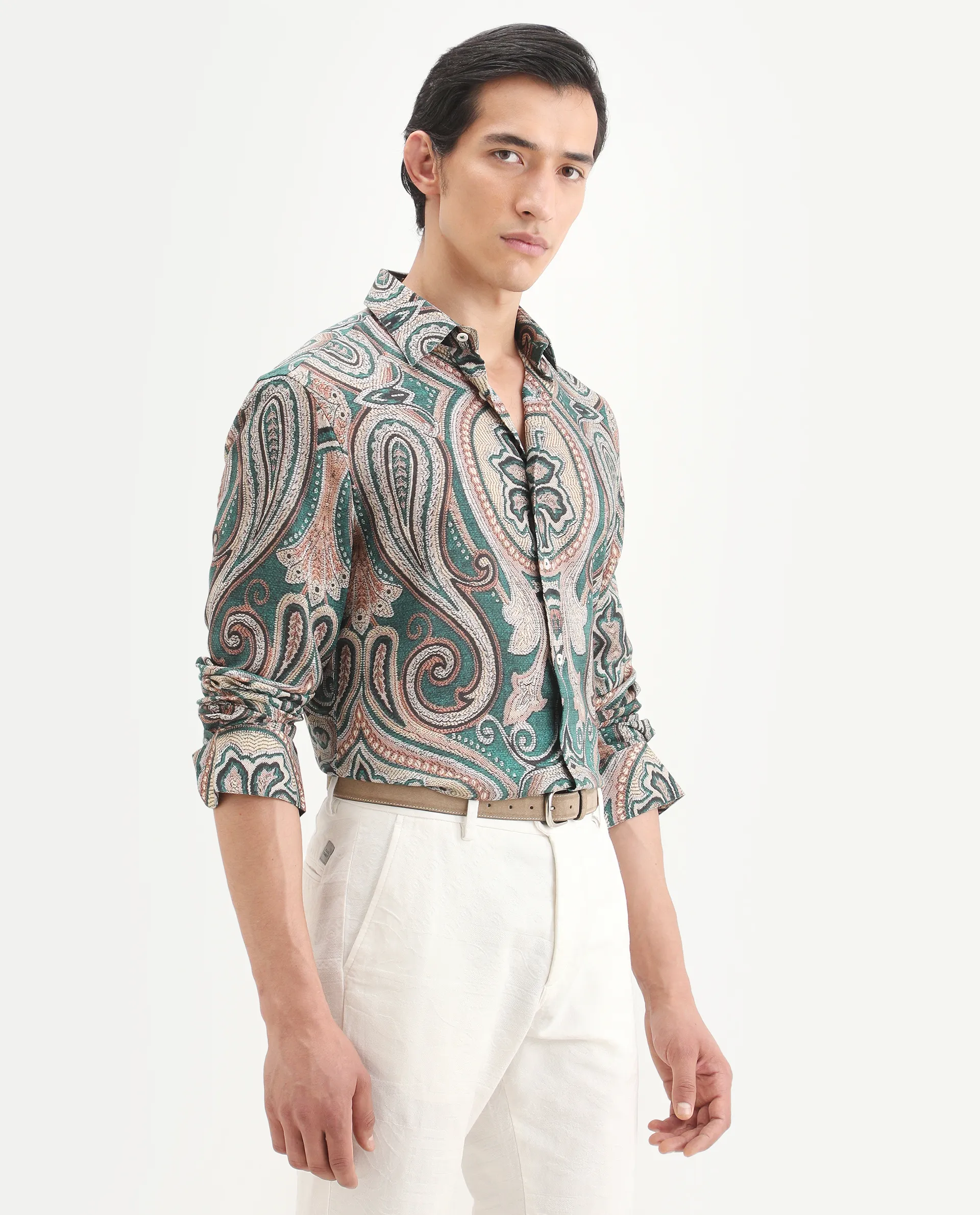 Rare Rabbit Men's Abro Dusky Green Linen Blend Fabric Full Sleeve Spread Collar Regular Fit Paisley Print Shirt - Image 5