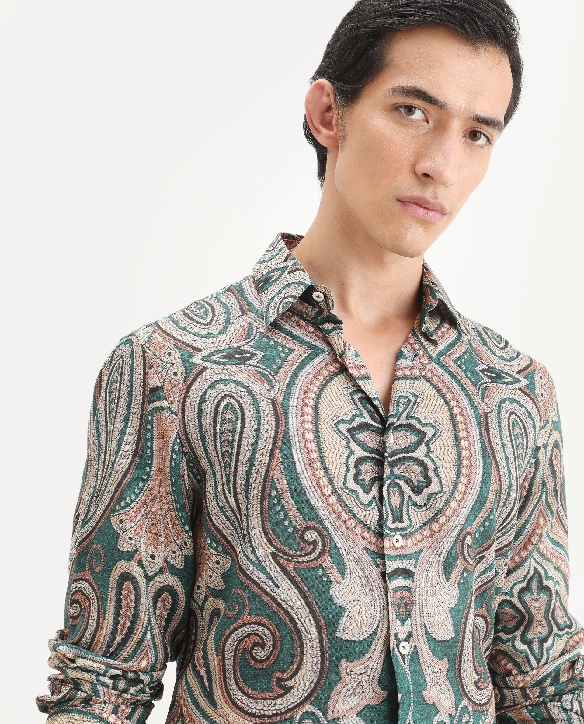 Rare Rabbit Men's Abro Dusky Green Linen Blend Fabric Full Sleeve Spread Collar Regular Fit Paisley Print Shirt - Image 6