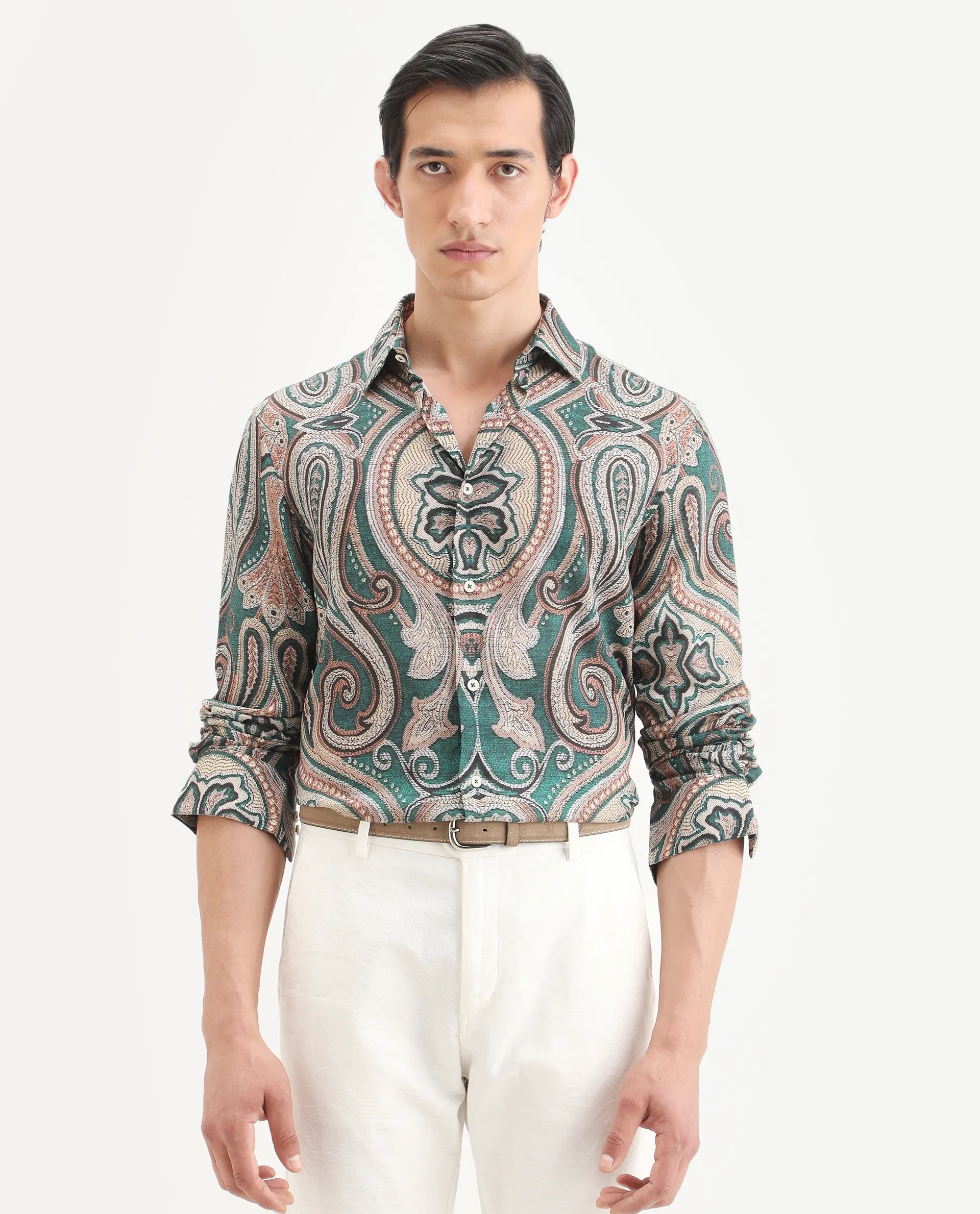 Rare Rabbit Men's Abro Dusky Green Linen Blend Fabric Full Sleeve Spread Collar Regular Fit Paisley Print Shirt - Image 7