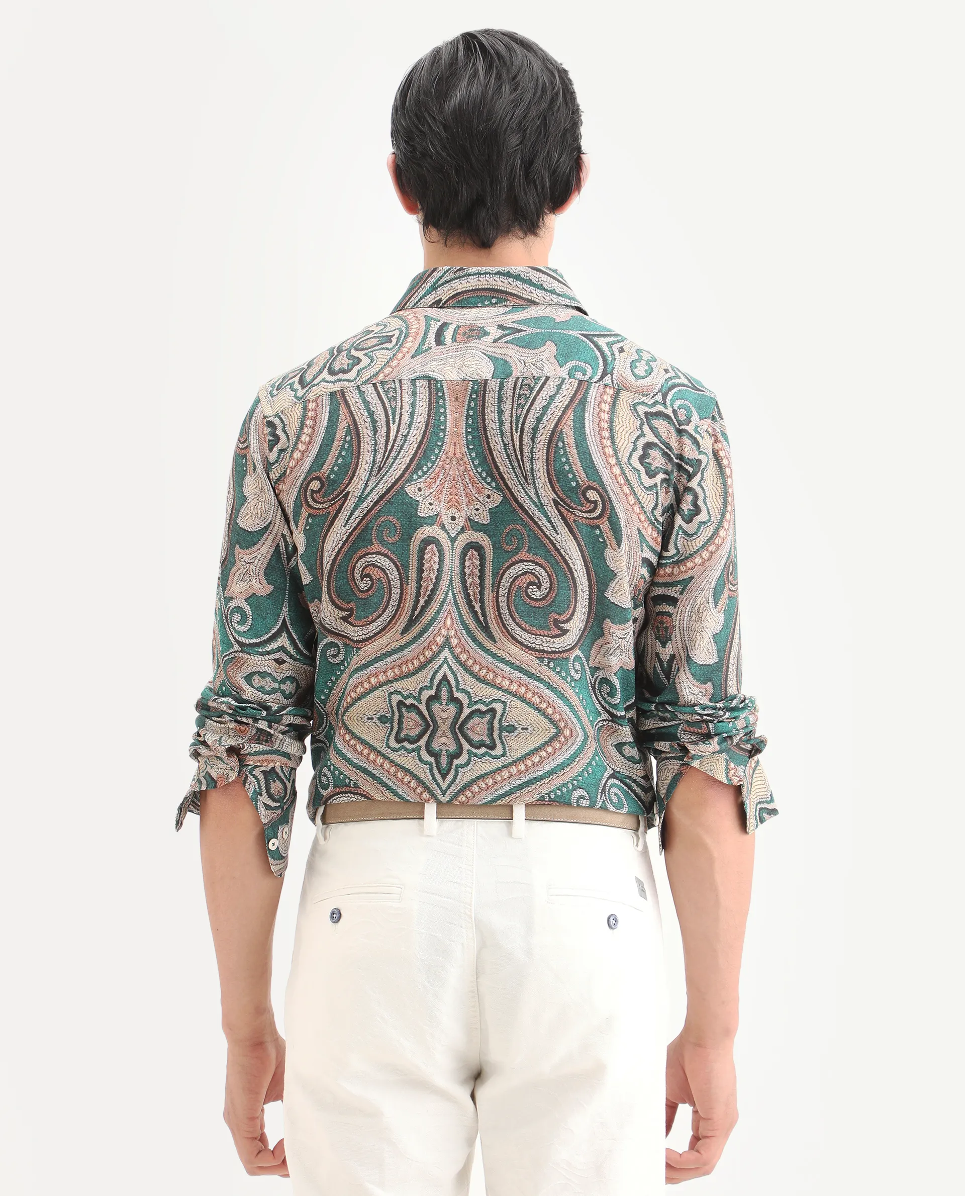 Rare Rabbit Men's Abro Dusky Green Linen Blend Fabric Full Sleeve Spread Collar Regular Fit Paisley Print Shirt - Image 8