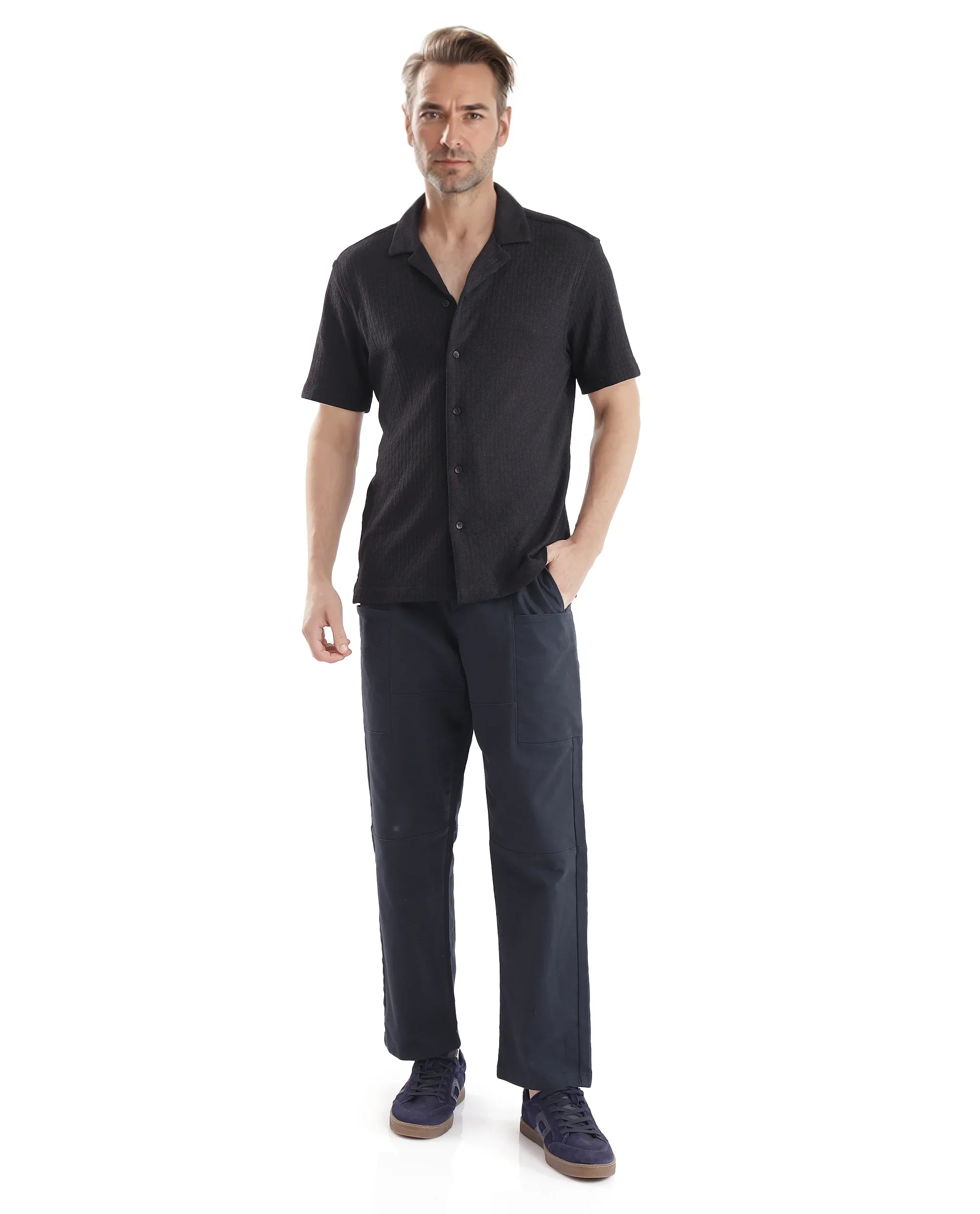 Rare Rabbit Men's Abuj Black Plain Boxy Fit Half Sleeve Cuban Collar Shirt - Image 2