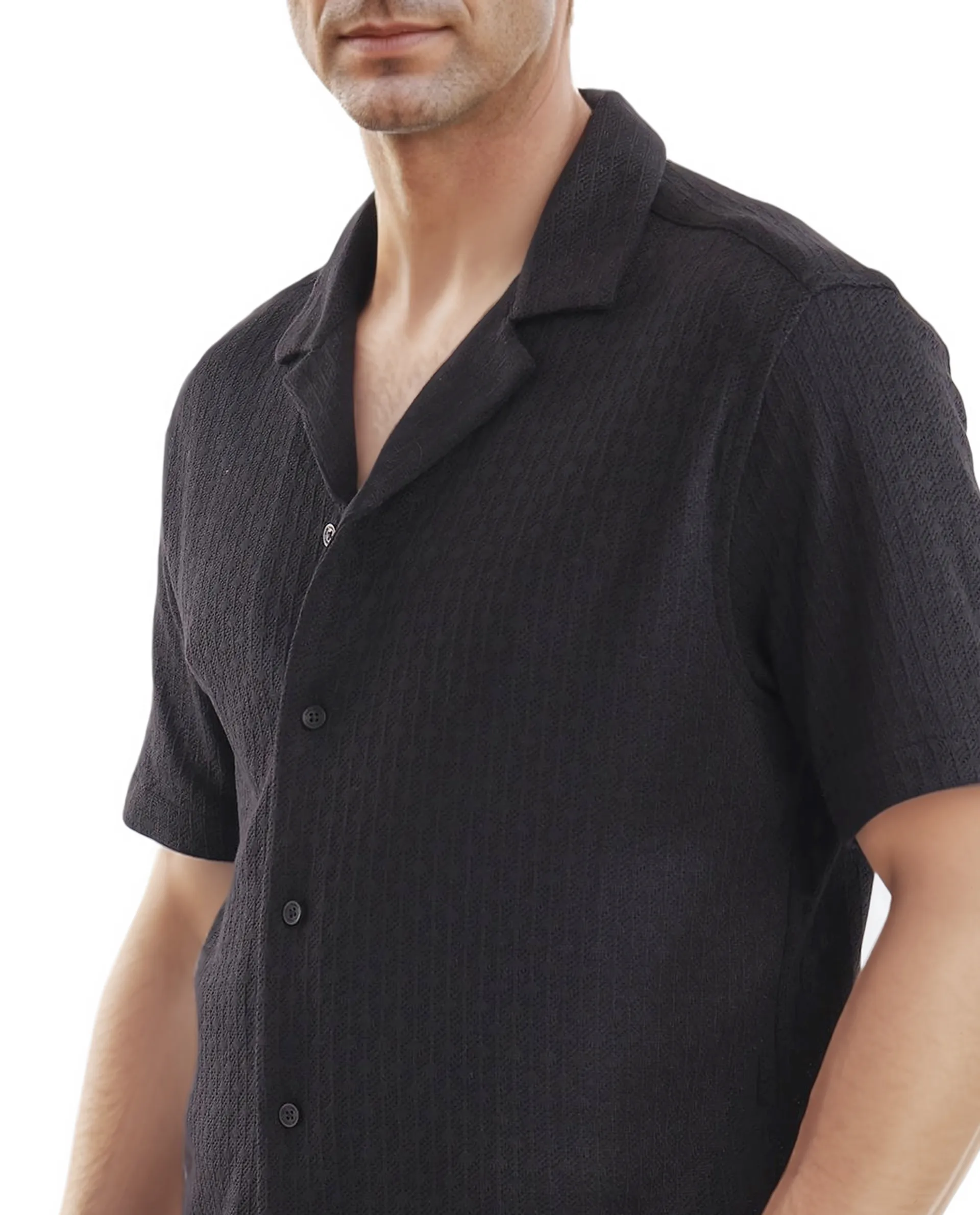 Rare Rabbit Men's Abuj Black Plain Boxy Fit Half Sleeve Cuban Collar Shirt - Image 3
