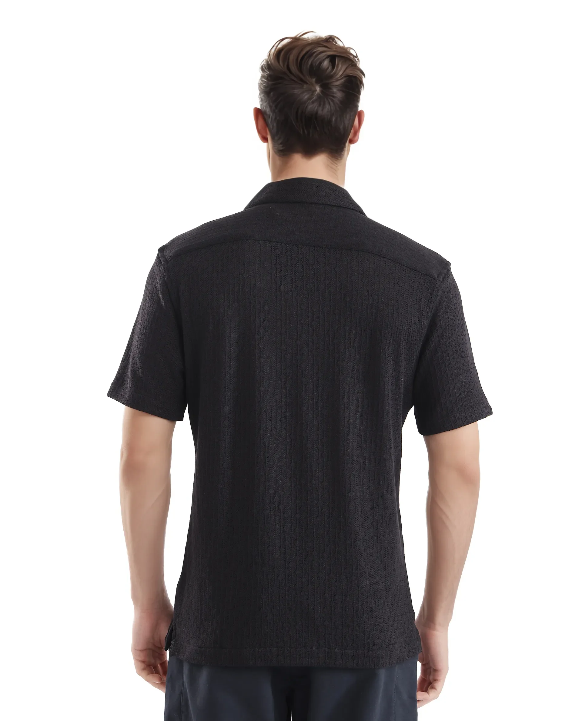 Rare Rabbit Men's Abuj Black Plain Boxy Fit Half Sleeve Cuban Collar Shirt - Image 4