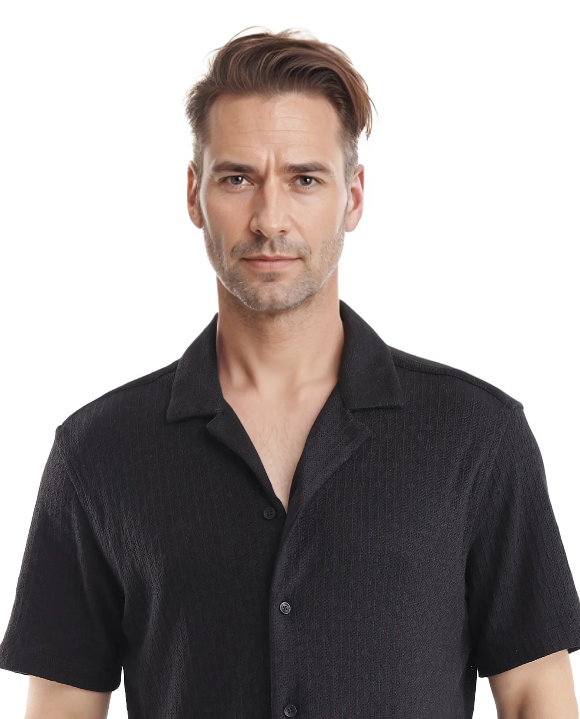 Rare Rabbit Men's Abuj Black Plain Boxy Fit Half Sleeve Cuban Collar Shirt - Image 5