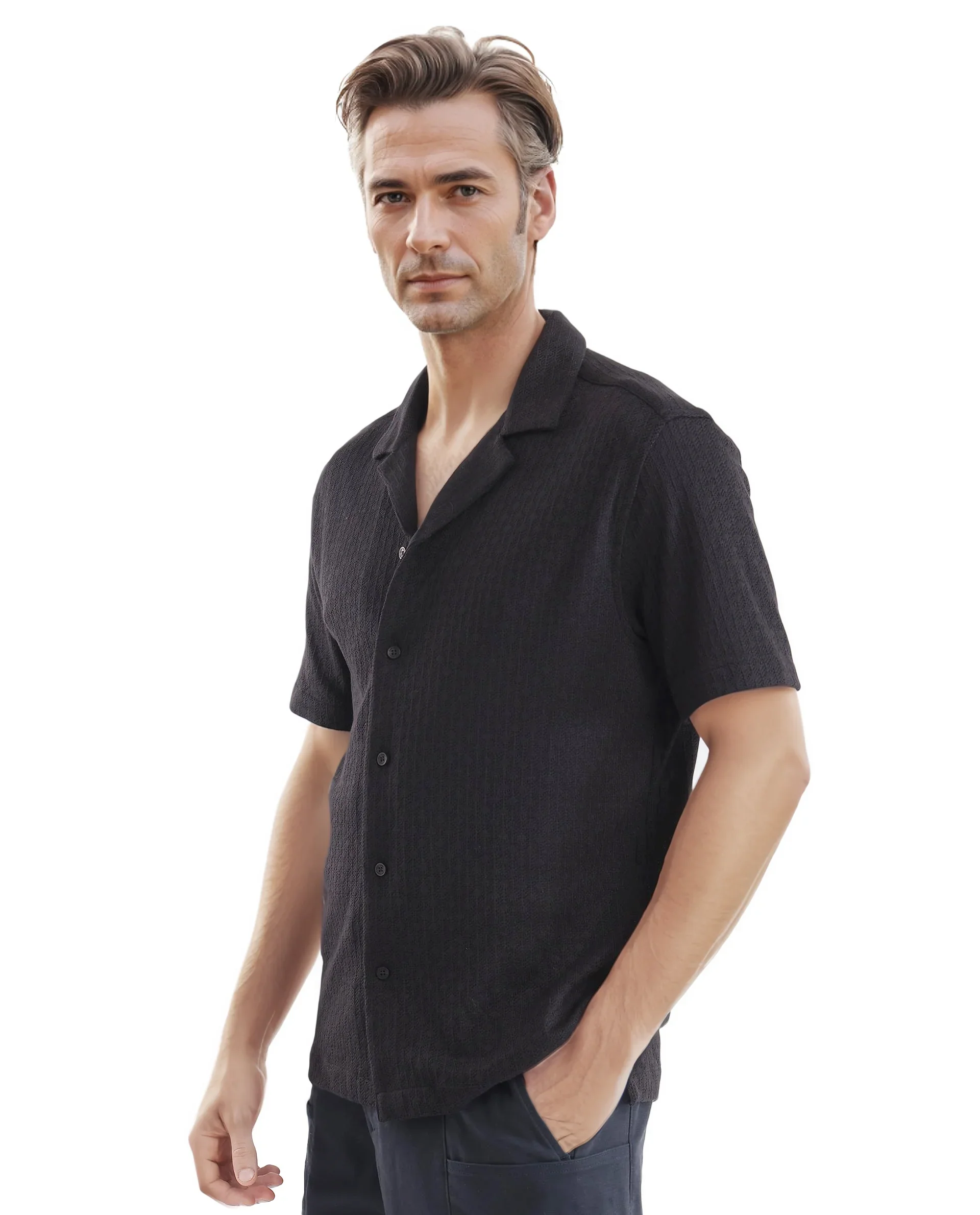 Rare Rabbit Men's Abuj Black Plain Boxy Fit Half Sleeve Cuban Collar Shirt - Image 6