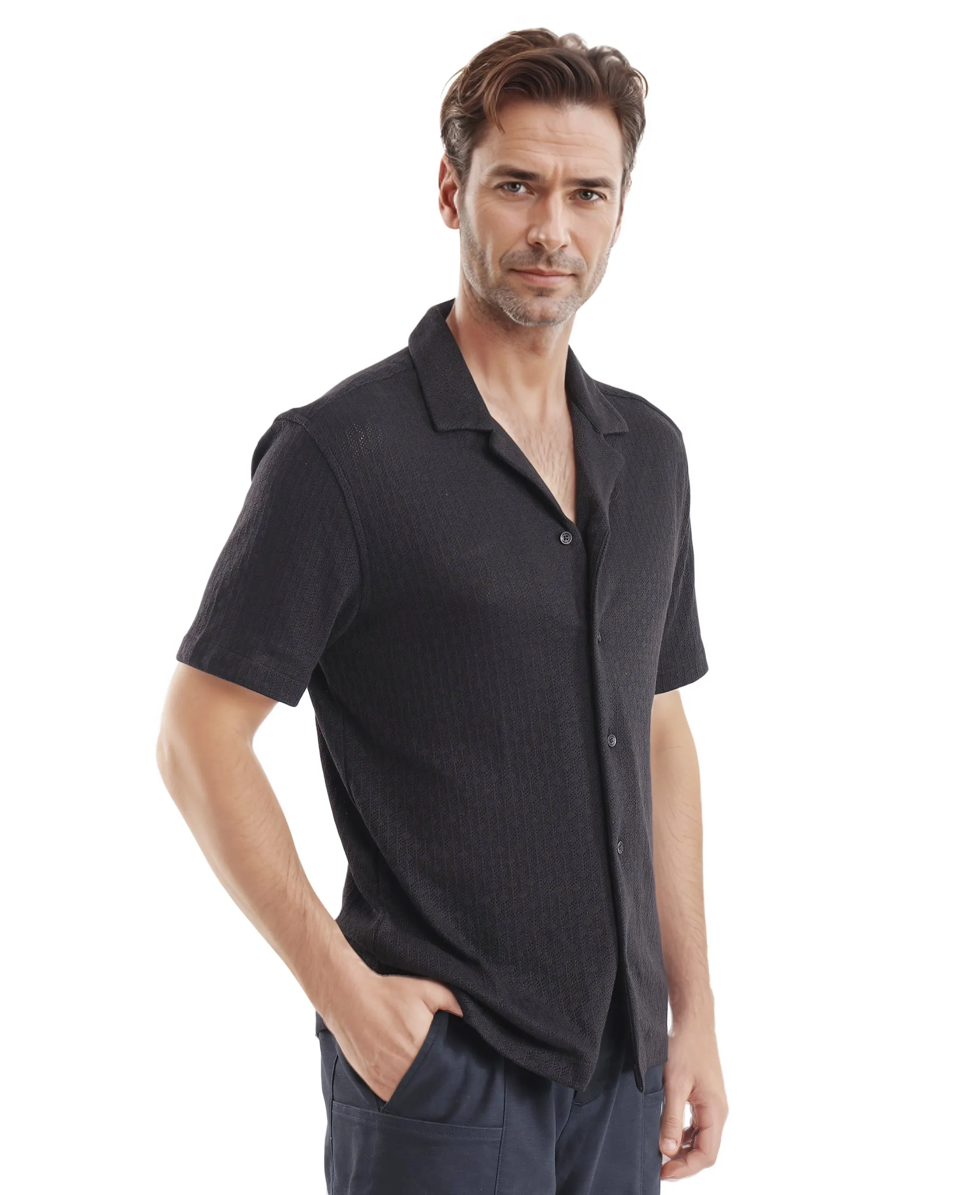 Rare Rabbit Men's Abuj Black Plain Boxy Fit Half Sleeve Cuban Collar Shirt - Image 7