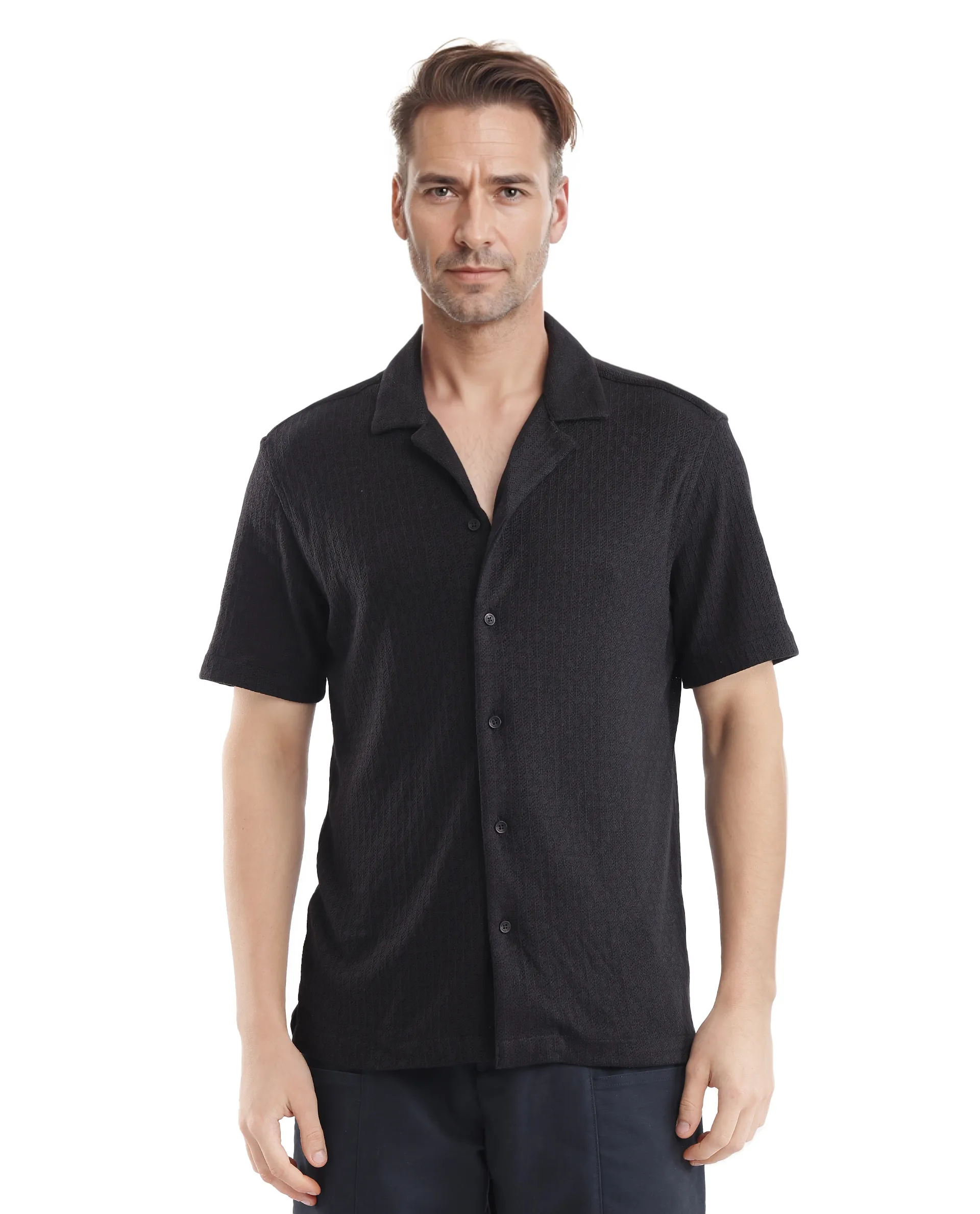 Rare Rabbit Men's Abuj Black Plain Boxy Fit Half Sleeve Cuban Collar Shirt - Image 8