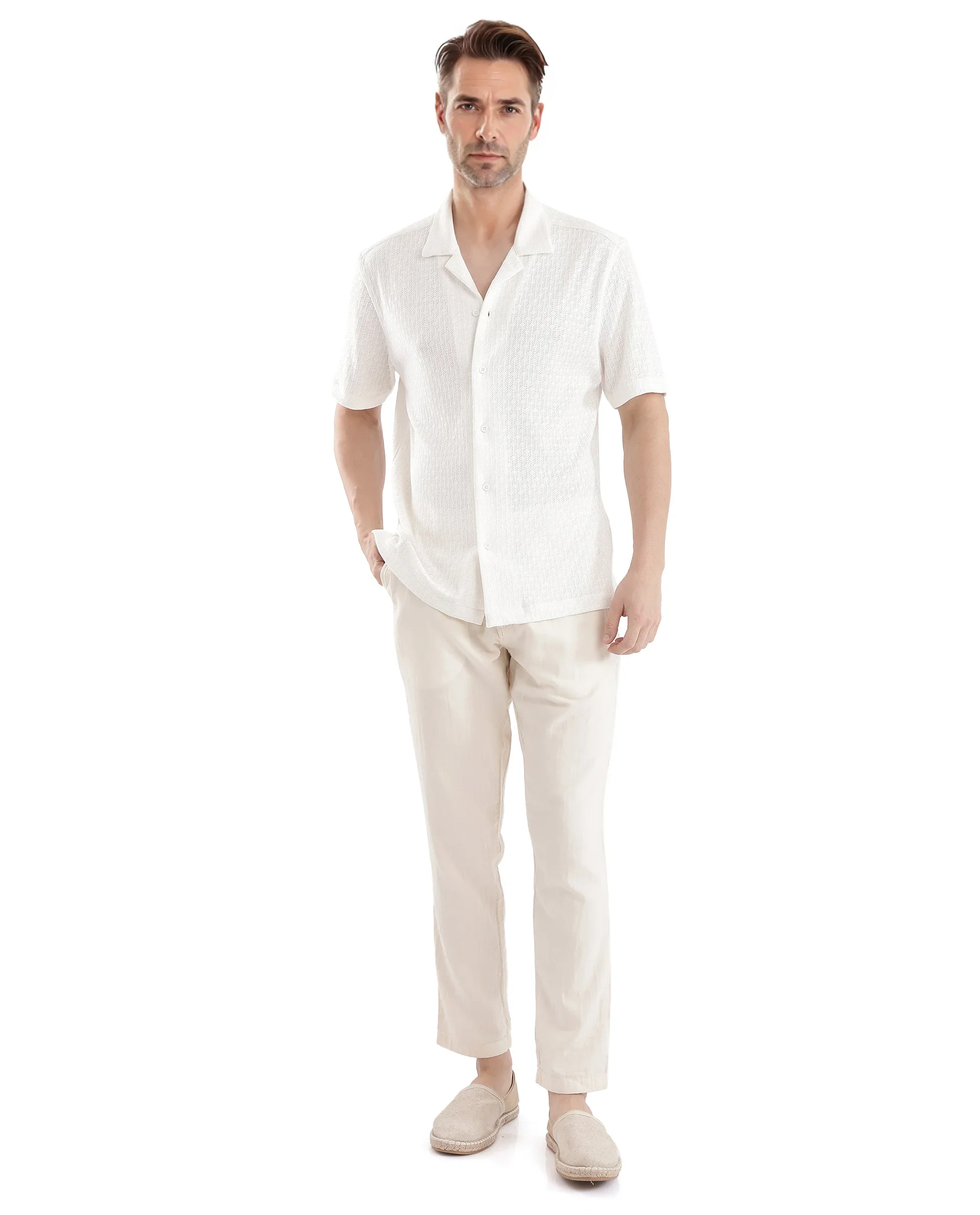 Rare Rabbit Men's Abuj Off White Cotton Blend Plain Boxy Fit Half Sleeve Cuban Collar Shirt - Image 2