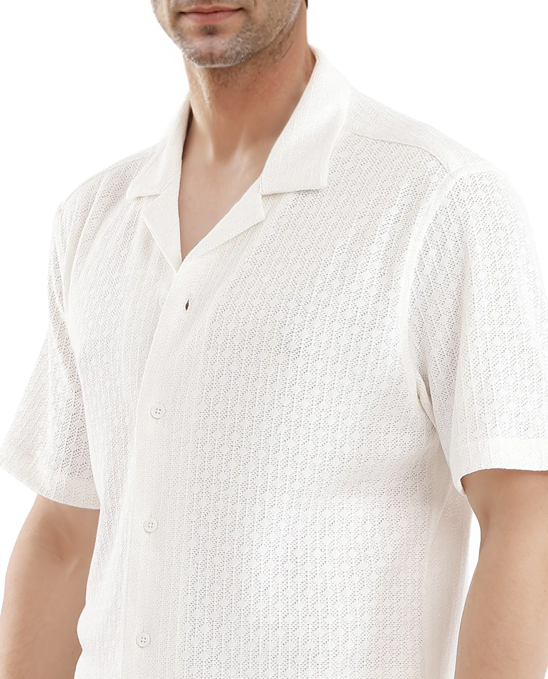 Rare Rabbit Men's Abuj Off White Cotton Blend Plain Boxy Fit Half Sleeve Cuban Collar Shirt - Image 3