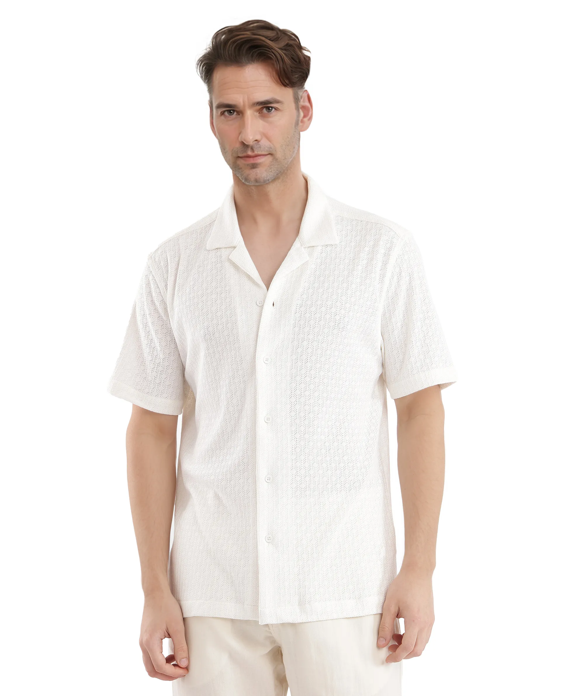 Rare Rabbit Men's Abuj Off White Cotton Blend Plain Boxy Fit Half Sleeve Cuban Collar Shirt - Image 6