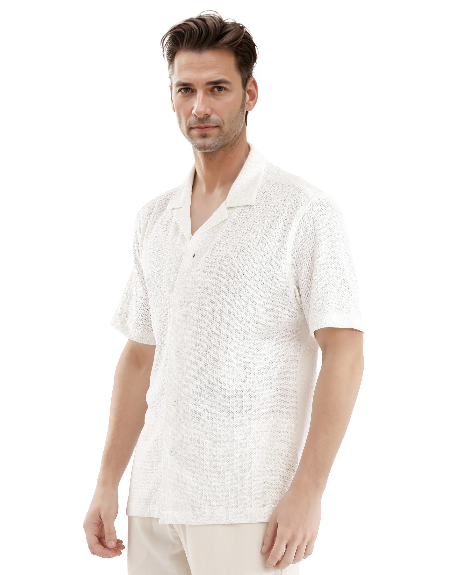 Rare Rabbit Men's Abuj Off White Cotton Blend Plain Boxy Fit Half Sleeve Cuban Collar Shirt - Image 7
