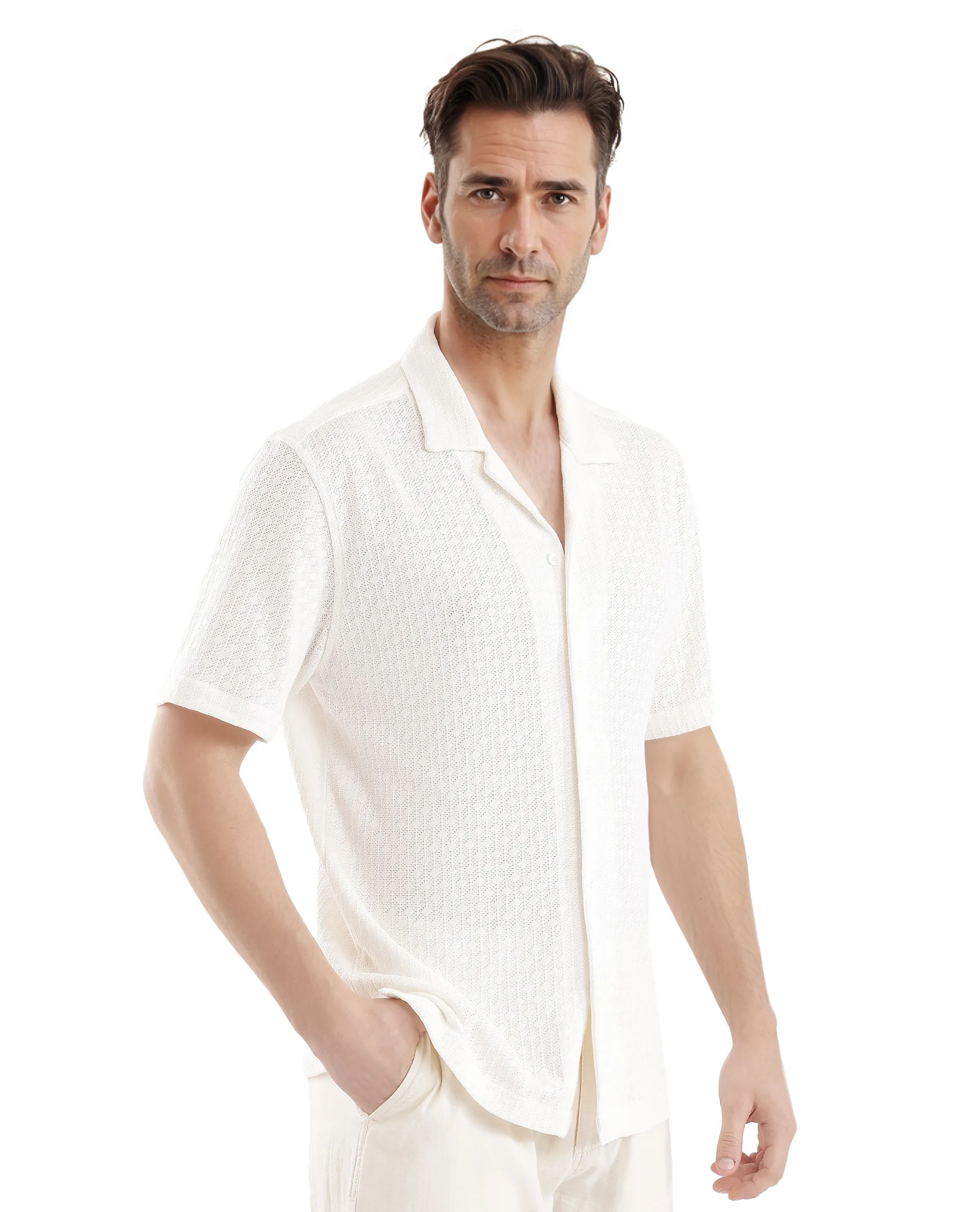 Rare Rabbit Men's Abuj Off White Cotton Blend Plain Boxy Fit Half Sleeve Cuban Collar Shirt - Image 8