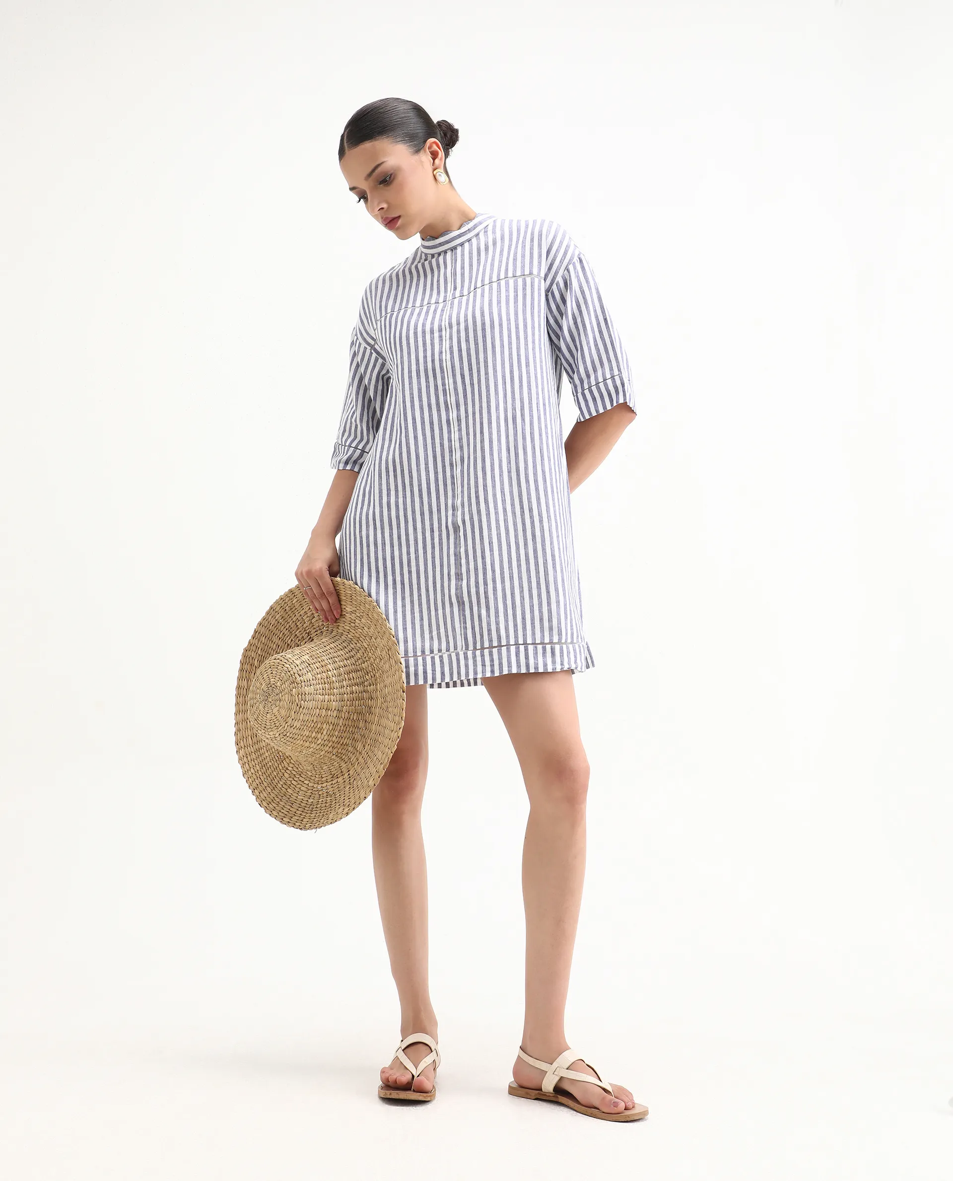 Rareism Women's Abutilon Blue Linen High Neck Striped Mini Relaxed Fit Dress - Image 2