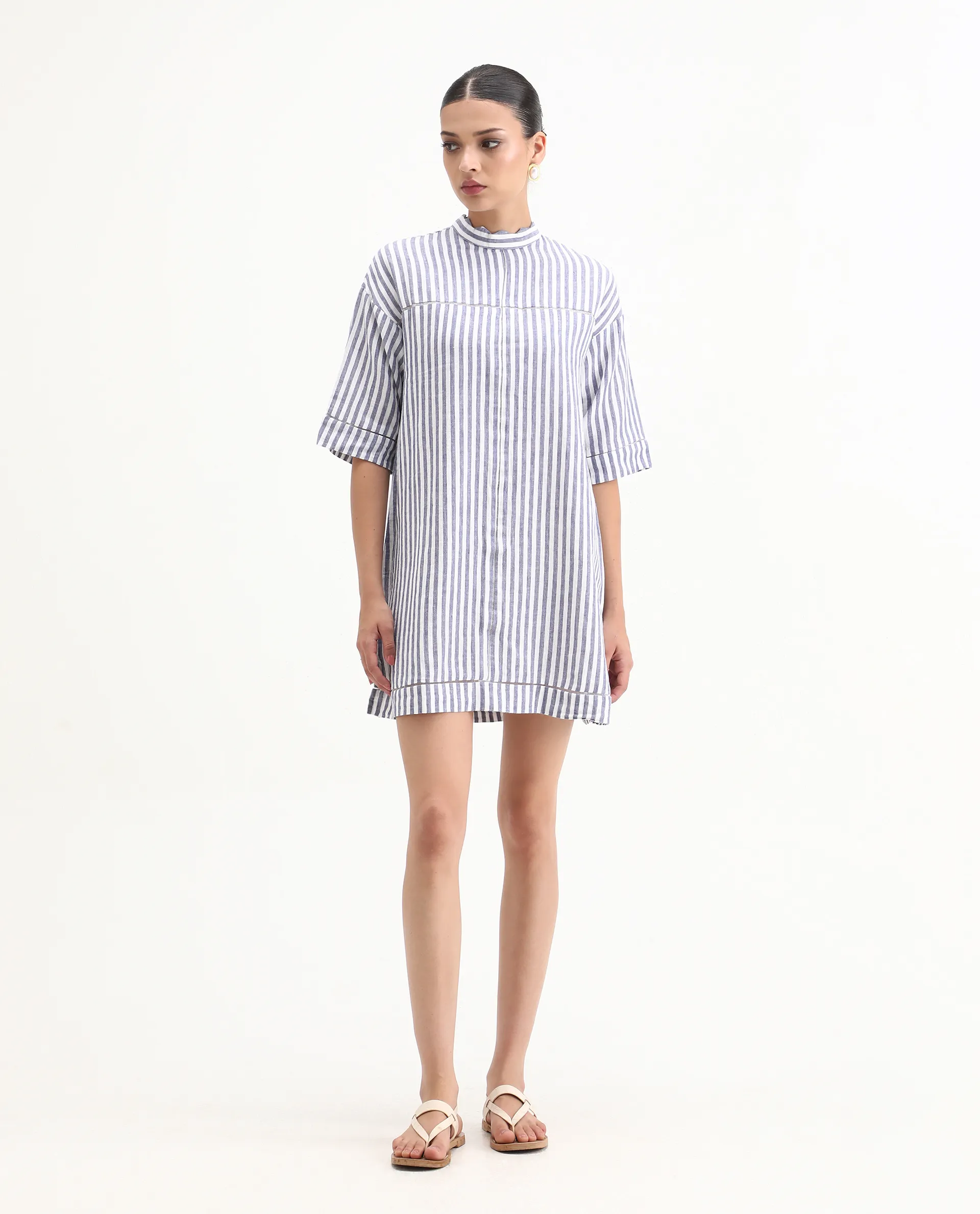 Rareism Women's Abutilon Blue Linen High Neck Striped Mini Relaxed Fit Dress - Image 4