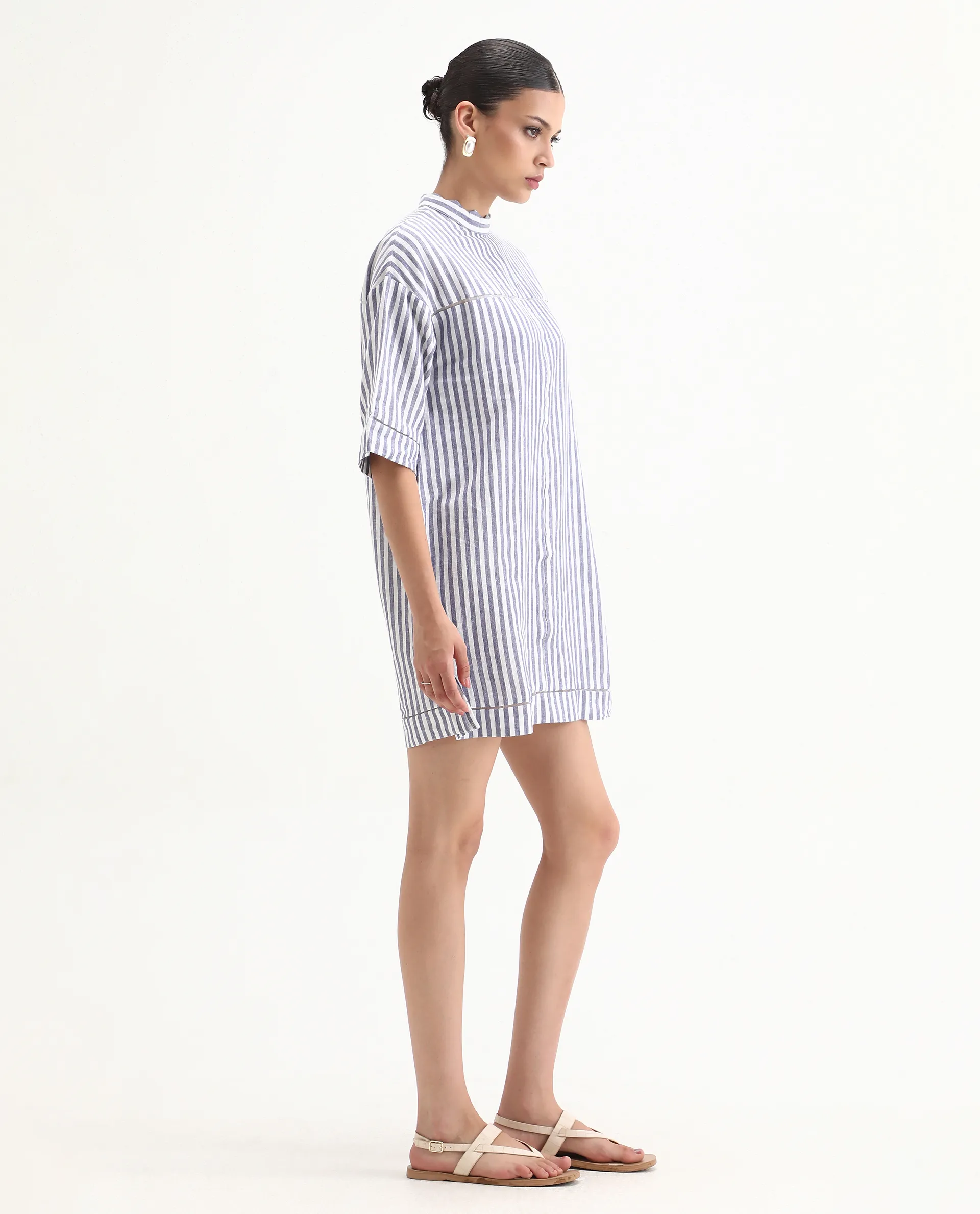 Rareism Women's Abutilon Blue Linen High Neck Striped Mini Relaxed Fit Dress - Image 5