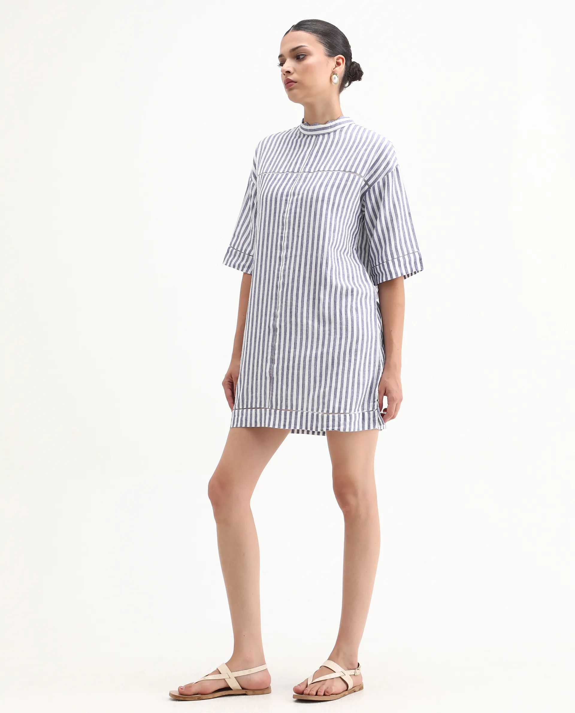 Rareism Women's Abutilon Blue Linen High Neck Striped Mini Relaxed Fit Dress - Image 6