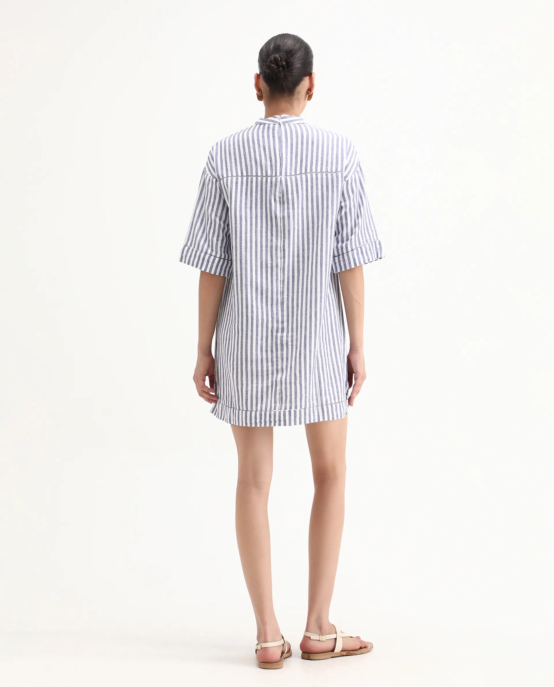 Rareism Women's Abutilon Blue Linen High Neck Striped Mini Relaxed Fit Dress - Image 7